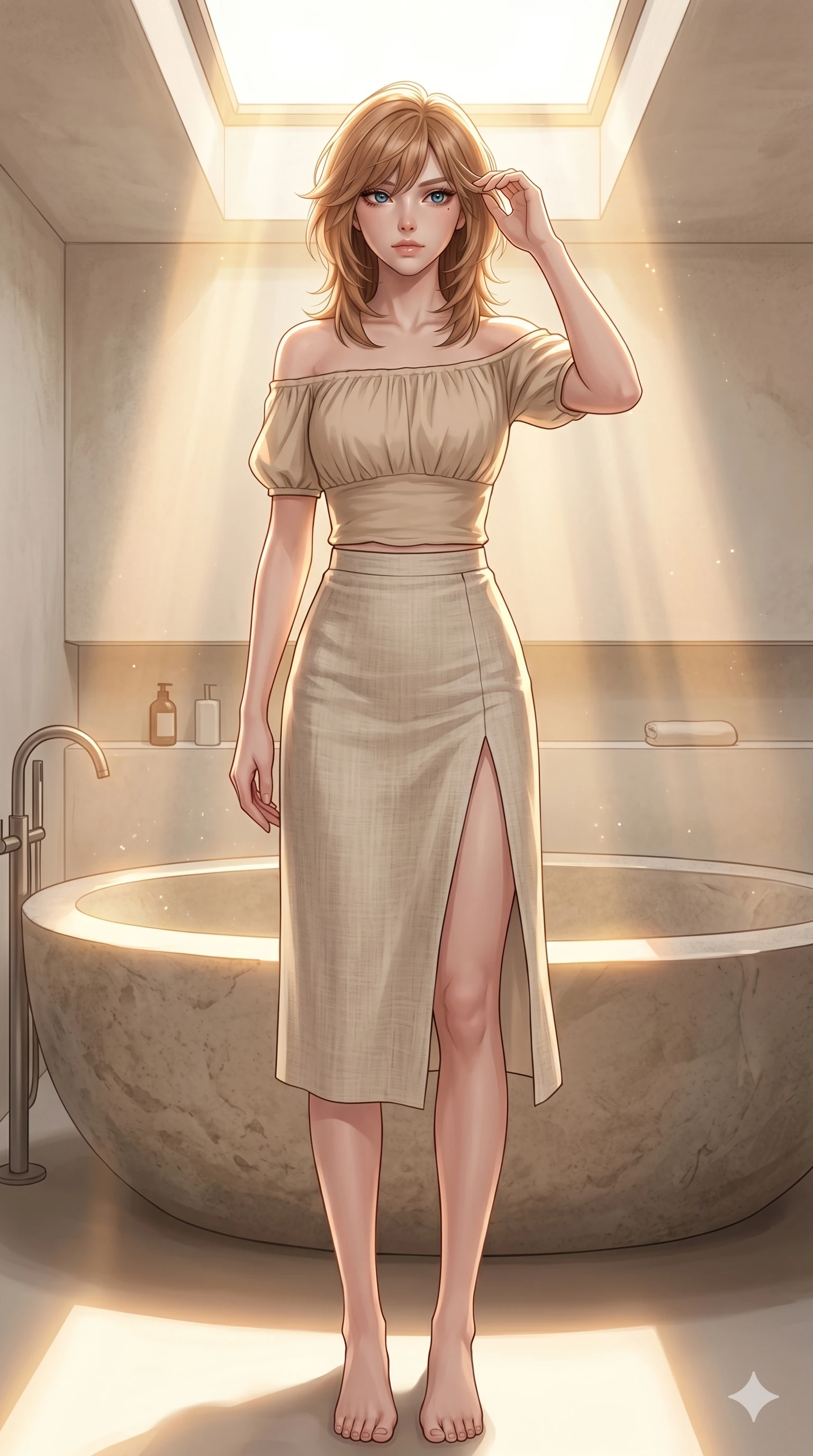 score_9, masterpiece, best quality, ultra-detailed, high-budget anime keyframe, editorial fashion photography, tasteful artistic composition, Korean woman. cowboy shot from the thighs up, character and outfit filling the frame for maximum editorial presence. wiping a lock of hair from her forehead, her expression cool and contemplative as she turns her head inside a sun-washed minimalist bathroom with a large stone tub and warm sunbeams filtering through skylight (Code-P119). She has an absolutely perfect 8-heads proportion, an exceptionally tall and slender female figure with impossibly long slender legs and an ultra-slim waist. V-shaped jawline, high-bridge nose, intricate jewel-like eyes with depth, thick eyelashes, glossy lips with a natural sheen. wearing a beige off-shoulder top showing her elegant clavicle lines, and a split linen skirt. bathed in soft morning sunbeams flowing into the room, creating a bright, glowing atmosphere. 2k, ultra detail, master piece, 9:16 ratio
