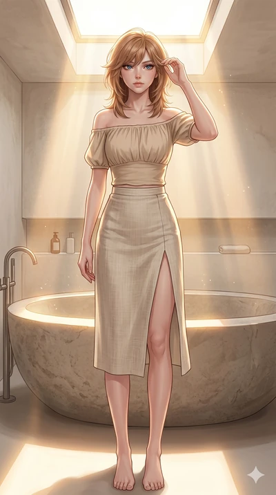 score_9, masterpiece, best quality, ultra-detailed, high-budget anime keyframe, editorial fashion photography, tasteful artistic composition, Korean woman. cowboy shot from the thighs up, character and outfit filling the frame for maximum editorial p