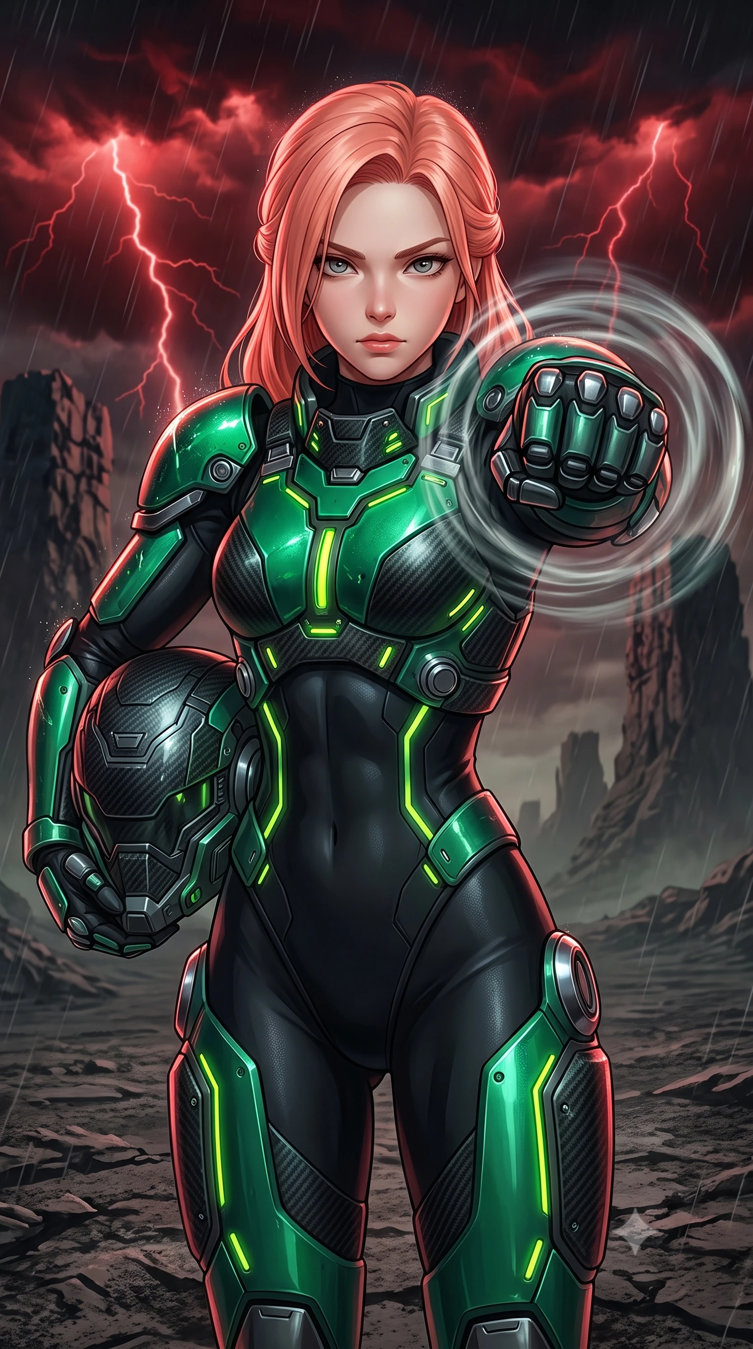 score_9, masterpiece, best quality, ultra-detailed, high-budget anime keyframe, semi-realistic 3D game render, editorial fashion photography, tasteful artistic composition, Japanese woman. close-up cowboy shot from the waist and thighs up, the character dominates the composition, filling the frame with her large presence. thrusting a high-speed kinetic punch toward the camera, a visible conical shockwave distortion wrapping around her armored forearm while marching solitary across an endless toxic ash wasteland beneath red lightning storm clouds with heavy armored pauldrons glistening. The surrounding environment is rendered in vivid detail and crisp panoramic clarity. sharp carbon pauldron edge bevels, glowing red conduit lines, and textured ash ground in deep focus. She has an exceptionally elegant, slender, and willowy female figure with an ultra-slim waist, a gracefully sculpted slender torso, toned flat midriff, and a refined slim silhouette. sharp v-shaped jawline, high-bridge nose, intricate jewel-like eyes with depth, thick eyelashes, glossy lips with a natural sheen, fierce and resolute heroine expression, flawlessly proportioned anatomical accuracy, strict slender model proportions, natural body alignment, perfectly sculpted long slender limbs, ultra-slim waistline, clean dynamic posture without body distortion. holding a modular carbon battle-helmet under one arm, her flawless face and sculpted neck exposed to the rain with determined warrior focus, paired with a heavy modular carbon-fiber combat cuirass paired with a second-skin tactical leotard and reinforced titanium shoulder pauldrons in toxic emerald green carbon composite with glowing lime warning channels, crafted from ultra-strong woven carbon-fiber composite with battle-tested satin luster, detailed with kinetic shock-dampening knuckle guards and polished chrome connection joints, the sleek second-skin cut tightly hugging her graceful clavicle, narrow waist, and feminine curves with athletic precision. surrounded by a solitary, monumental, and sacredly resilient post-apocalyptic guardian aura. rich saturated anime colors with glowing neon highlights, detailed shading with soft gradients, rich glossy textures, high-contrast stereoscopic depth, volumetric dynamic lighting, master piece, 9:16 ratio