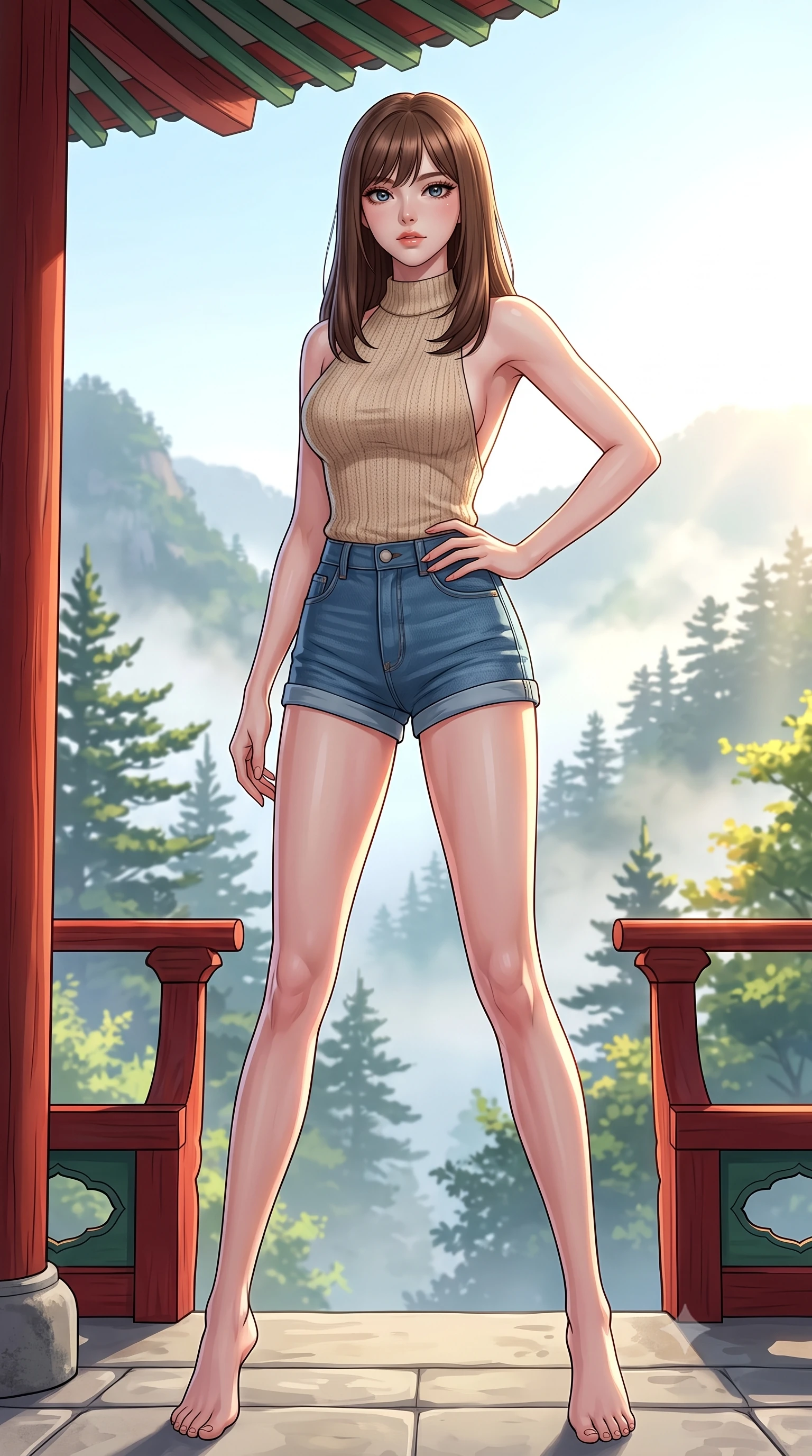score_9, masterpiece, best quality, ultra-detailed, high-budget anime keyframe, tasteful artistic composition, Korean woman. low angle full-body shot from head to toe showing her feet, filling the entire 9:16 vertical frame with her statuesque presence, stretching her vertical silhouette. posing confidently with one hand on her hip, stretching her statuesque body to emphasize her curves the background shows a soft-focus a red lacquered pavilion overlooking a misty mountain valley at sunrise. She has an absolutely perfect, statuesque 8.5-heads proportion, an exceptionally tall and slender model-like female figure with impossibly long slender legs and an ultra-slim waist. sharp v-shaped jawline, high-bridge nose, intricate jewel-like eyes with depth, thick eyelashes, glossy lips with a natural sheen. wearing a body-hugging backless knit top in beige wool, paired with high-waisted denim shorts. bright morning sun highlighting the white fog and green pine trees. highly saturated vibrant anime colors, cel-shading, 2d style, master piece, 9:16 ratio