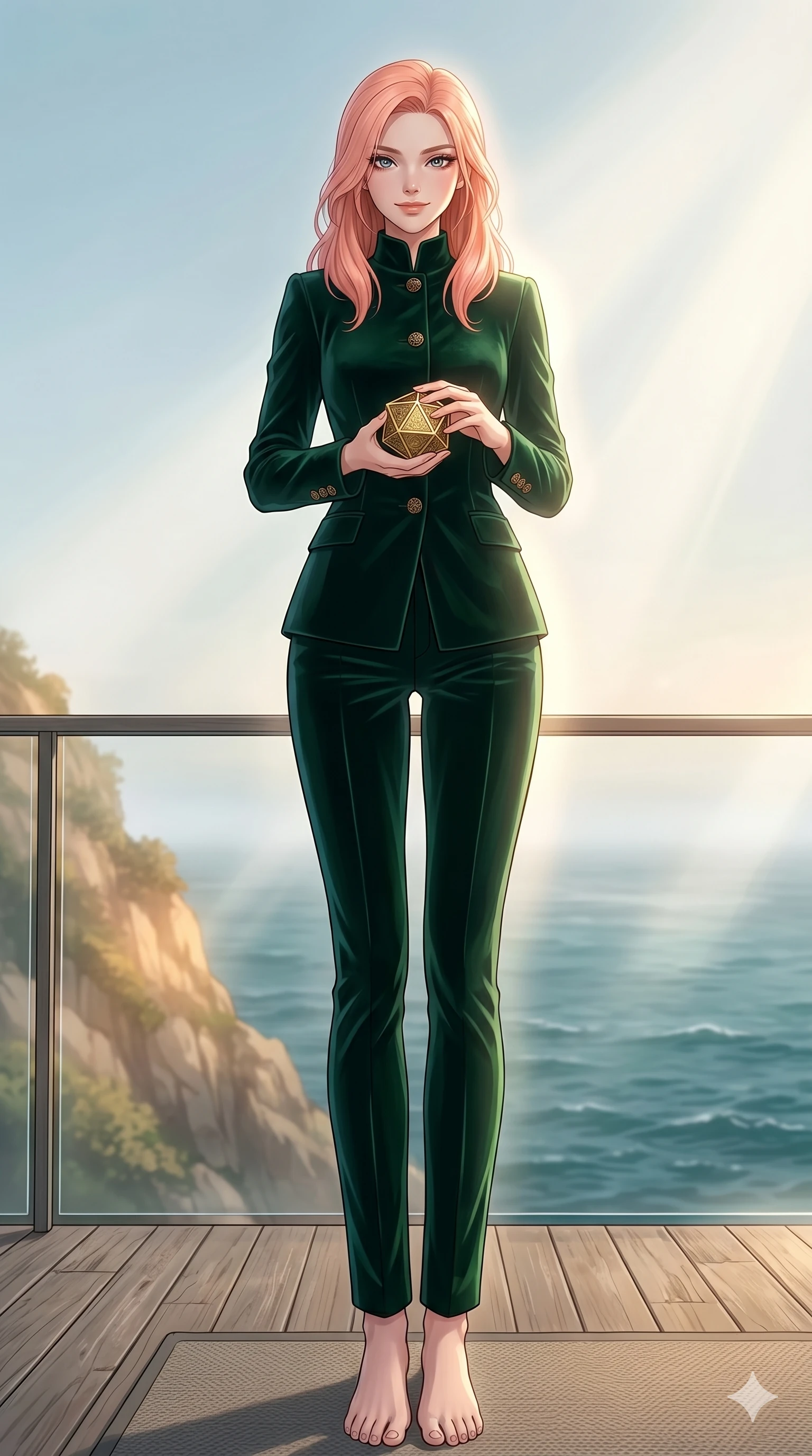 score_9, masterpiece, best quality, ultra-detailed, high-budget anime keyframe, editorial fashion photography, tasteful artistic composition, Japanese woman. low angle full-body shot from head to toe showing her feet, filling the entire 9:16 vertical frame with her statuesque presence, stretching her vertical silhouette. holding a small golden polyhedron, looking down with a serene and powerful smile on a private sun-deck of a cliffside retreat overlooking the deep sea (Code-P18-056). She has an absolutely perfect 8-heads proportion, an exceptionally tall and slender female figure with impossibly long slender legs and an ultra-slim waist. V-shaped jawline, high-bridge nose, intricate jewel-like eyes with depth, thick eyelashes, glossy lips with a natural sheen. wearing a tailored velvet high-neck blazer with matching pants. soft morning sunbeams filtering through the mist, creating a soft glowing aura. 2k, ultra detail, master piece, 9:16 ratio