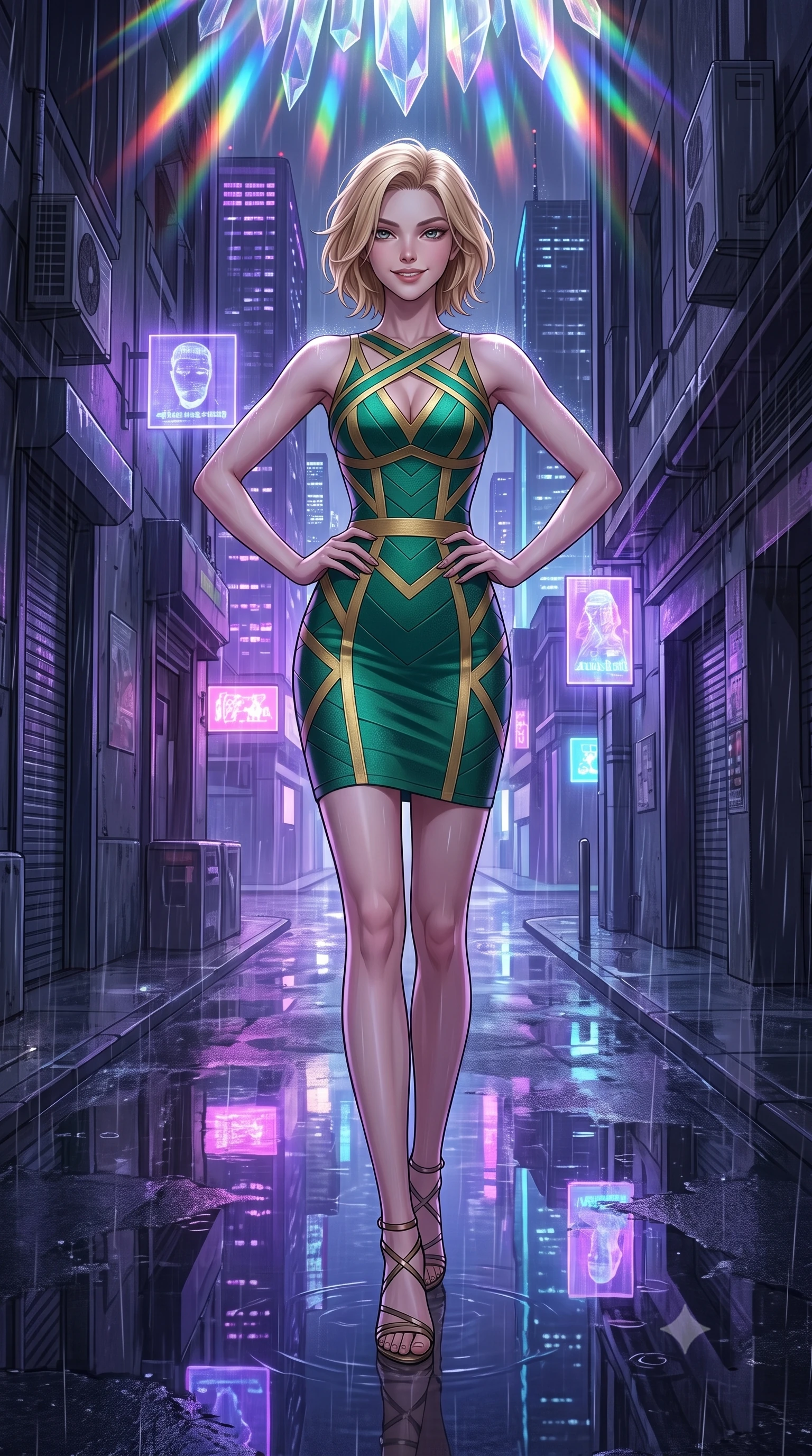 score_9, masterpiece, best quality, ultra-detailed, high-budget anime keyframe, editorial fashion photography, tasteful artistic composition, Caucasian woman, strictly human ears. low angle full-body shot from head to toe showing her feet, filling the entire 9:16 vertical frame with her statuesque presence, stretching her vertical silhouette. striking a proud, smiling pose within in a narrow alleyway at night during a rainstorm, with wet concrete reflecting the purple neon of nearby skyscrapers and floating holographic ads. She has a statuesque 8.5-heads proportion, an exceptionally tall, slender and willowy model-like build with impossibly long legs and a highly sculpted ultra-slim waist. sharp v-shaped jawline, high-bridge nose, intricate jewel-like eyes with depth, thick eyelashes, glossy lips with a natural sheen. wearing a precision-cut bandage dress in a striking emerald and gold pattern, contouring and highlighting her slender hourglass waist. cascading rainbow prismatic light refracting through crystal formations overhead. 2k, ultra detail, master piece, 9:16 ratio