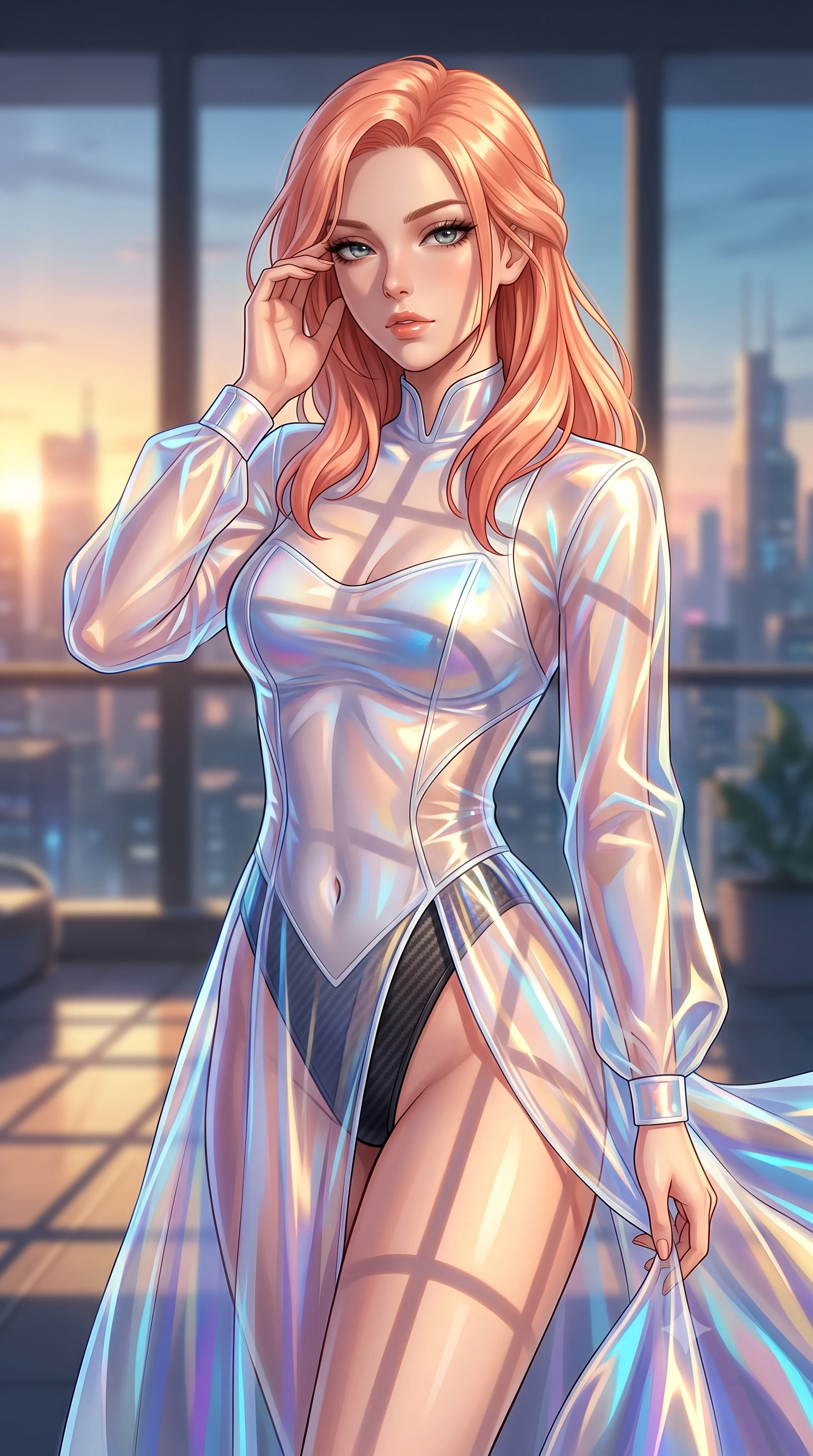 score_9, masterpiece, best quality, ultra-detailed, high-budget anime keyframe, editorial fashion photography, tasteful artistic composition, Japanese woman. close-up cowboy shot from the waist and thighs up, the character dominates the composition, filling the frame with her large presence, background elements kept in soft focus. gently touching the side of her temple, casting a heavy-lidded, sultry look past the camera, the background shows a soft-focus a solarium balcony window overlooking a futuristic skyline at golden hour. She has an exceptionally elegant, slender, and willowy female figure with an ultra-slim waist, a gracefully sculpted slender torso, and a refined silhouette. sharp v-shaped jawline, high-bridge nose, intricate jewel-like eyes with depth, thick eyelashes, glossy lips with a natural sheen. wearing a form-contouring sheer white holographic organza combat gown worn over a high-cut carbon-fiber leotard. golden hour sunset light casting long geometric frame shadow lines. highly saturated vibrant anime colors, detailed shading with soft gradients, rich glossy textures, high-contrast stereoscopic depth, volumetric dynamic lighting, master piece, 9:16 ratio