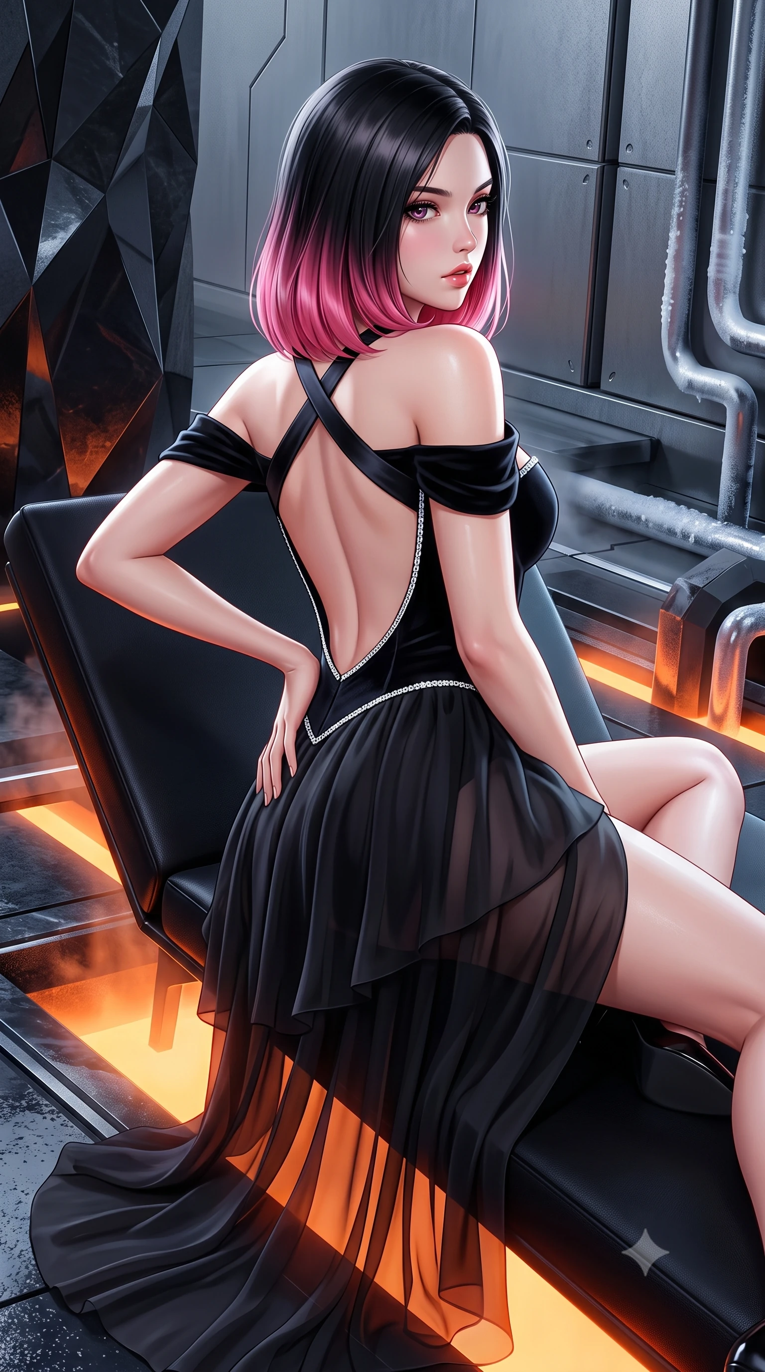score_9, masterpiece, best quality, ultra-detailed, high-budget anime keyframe, semi-realistic 3D game render, editorial fashion photography, tasteful artistic composition, Korean woman. close-up cowboy shot from the waist and thighs up, the character dominates the composition, filling the frame with her large presence. posing in an alluring rear three-quarter angle, arching her lower back in a pronounced S-curve with one hand on her hip, glancing seductively over her bare shoulder with parted glossy lips while reclining across a cantilevered black obsidian daybed propped on one elbow, her slender waist and feminine hips illuminated by orange geothermal light. The surrounding environment is rendered in vivid detail and crisp panoramic clarity. sharp obsidian stone facets, titanium panel seams, and cooling pipe frost condensation in deep focus. She has an exceptionally elegant, slender, and willowy female figure with an ultra-slim waist, flat toned midriff, narrow ribcage, and sculpted feminine hips creating an alluring, slim hourglass silhouette without bulk. sharp v-shaped jawline, high-bridge nose, intricate jewel-like eyes with depth, thick eyelashes, glossy parted lips with a natural sheen, intensely captivating and seductive bedroom-eyes expression, flawlessly proportioned anatomical accuracy, strict slender model proportions, natural body alignment, perfectly sculpted long slender limbs, ultra-slim waistline, clean dynamic posture without body distortion. wearing an off-shoulder French court corset bodice dress paired with a tiered translucent chiffon slit skirt in pitch-black velvet with diamond crystal trim, woven from layered gossamer chiffon with a weightless sweeping drape, finished with criss-cross back satin straps highlighting her graceful shoulder blades, the dramatically scooped open back descending to the base of her spine, accentuating her razor-sharp statuesque lines and slim hourglass silhouette. illuminated by high-contrast specular rim lights sharply sculpting her razor-sharp jawline, narrow waist, and curvy hips. highly saturated vibrant anime colors, detailed shading with soft gradients, rich glossy textures, high-contrast stereoscopic depth, volumetric dynamic lighting, master piece, 9:16 ratio