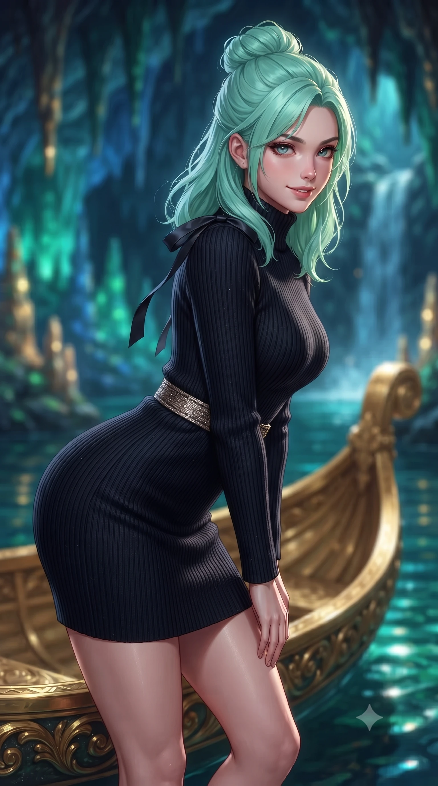 score_9, masterpiece, best quality, ultra-detailed, high-budget anime keyframe, editorial fashion photography, tasteful artistic composition, Japanese woman. close-up cowboy shot from the waist and thighs up, the character dominates the composition, filling the frame with her large presence. leaning forward while arching her lower back to accentuate her curvy hips, looking into the camera with an intoxicating smoldering gaze and bedroom-eyes while leaning against the ornate gilded golden shell boat with hips cocked back, looking across emerald underground waters with intoxicating bedroom-eyes. The background shows a soft-focus illuminated artificial stalactites and stalagmites glowing with dynamic colored lighting, gilded golden shell boat, and subterranean waterfall blurred into sapphire, emerald, and gold bokeh. She has an exceptionally elegant, slender, and willowy female figure with an ultra-slim waist, flat toned midriff, narrow ribcage, and sculpted feminine hips creating an alluring, slim hourglass silhouette without bulk. sharp v-shaped jawline, high-bridge nose, intricate jewel-like sparkling eyes with depth, thick eyelashes, glossy parted lips with a natural peach sheen, bright cheerful beaming smile with an enchanting and coquettish sensual glint, exuding both youthful cute charm and seductive allure, flawlessly proportioned anatomical accuracy, strict slender model proportions, natural body alignment, perfectly sculpted long slender limbs, ultra-slim waistline, clean dynamic posture without body distortion. wearing an elegant high-neck Icelandic cashmere ribbed turtleneck coat dress with belted waistline in deep midnight obsidian black and champagne gold, woven from structured British tweed with subtle metallic flecks, finished with satin ribbon ties at the shoulders fluttering in the gentle breeze, the bespoke structured tailoring following the natural line of her 8.5-heads silhouette with refined elegance. bathed in the magical theatrical 3500K sapphire-and-emerald electric arc illumination designed for King Ludwig II's private opera performances. ultra-reflective glossy finish, specular highlights, rich textural contrasts, high-contrast stereoscopic depth, volumetric dynamic lighting, 2k, ultra detail, master piece, 9:16 ratio