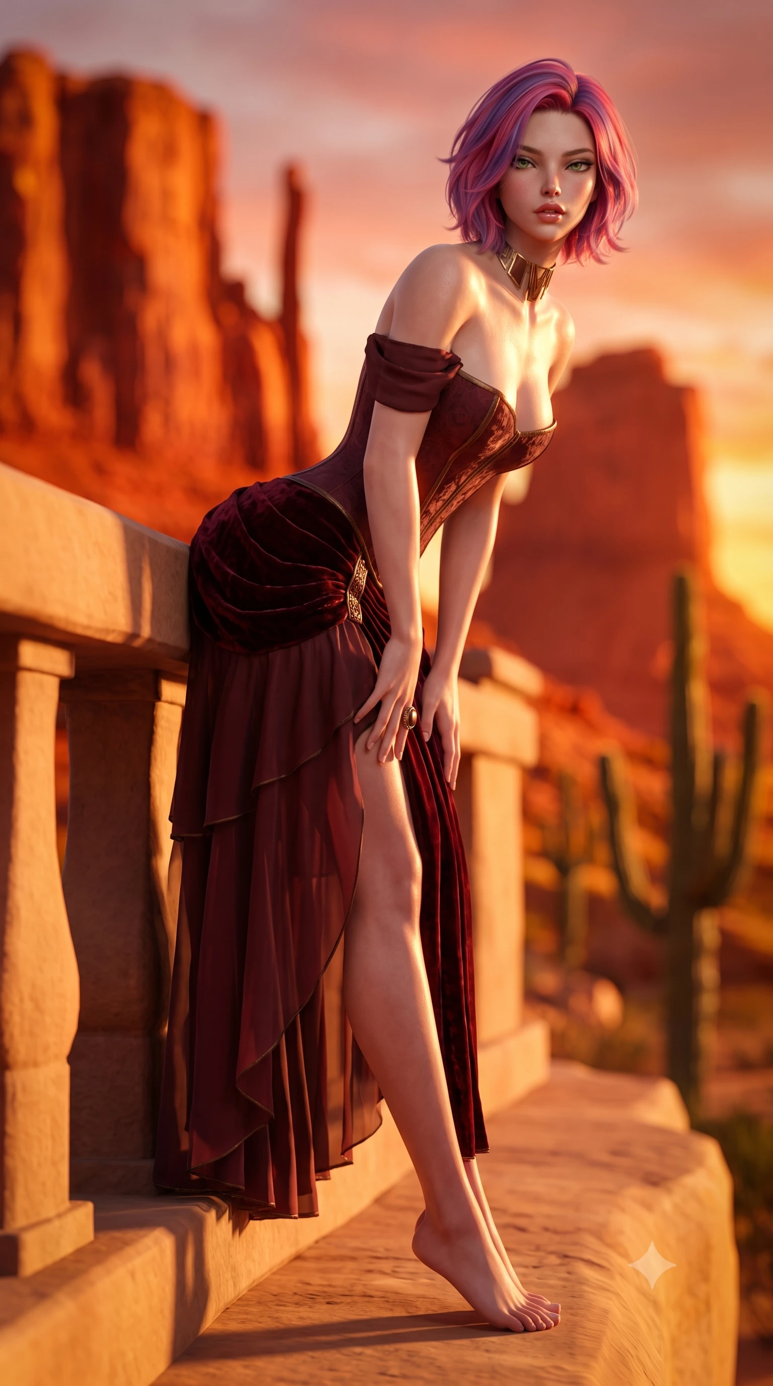 score_9, masterpiece, best quality, ultra-detailed, high-budget anime keyframe, semi-realistic 3D game render, editorial fashion photography, tasteful artistic composition, Caucasian woman. low angle full-body shot from head to toe showing her feet, filling the entire 9:16 vertical frame with her statuesque presence, stretching her vertical silhouette. leaning deep against the structural architecture with hips cocked in an unapologetically bold, seductive high-fashion stance while leaning forward over the smooth sandstone cliff railing with lower back arched, basking in the fiery Arizona sunset that warms her bare shoulders. The composition keeps background elements in soft focus with creamy bokeh. monumental crimson sandstone buttes and saguaro cactus silhouettes blurred into glowing terracotta, burnt orange, and desert-gold bokeh. She has an exceptionally tall and slender model-like 8.5-heads proportion, an ultra-slim waist, a flat toned midriff, narrow delicate ribcage, and beautifully sculpted feminine hips creating a graceful, slim hourglass silhouette without any bulky heaviness, with impossibly long slender legs. sharp v-shaped jawline, high-bridge nose, intricate jewel-like eyes with depth, thick eyelashes, glossy parted lips with a natural sheen, intensely captivating and seductive bedroom-eyes expression, flawlessly proportioned anatomical accuracy, strict slender model proportions, natural body alignment, perfectly sculpted long slender limbs, ultra-slim waistline, clean dynamic posture without body distortion. wearing an off-shoulder French court corset bodice dress paired with a tiered translucent chiffon slit skirt in deep wine burgundy and antique bronze, crafted from heavyweight crushed silk velvet with liquid vintage luster, complemented by a bold geometric choker and sparkling cocktail ring, the liquid-tight tailored fabric clinging flawlessly to her narrow waist and rounded feminine hips, emphasizing every millimeter of her sculpted slim hourglass curves without any bulky heaviness. bathed in blazing crimson and copper sunset backlighting and warm sandstone bounce fill. highly saturated vibrant anime colors, detailed shading with soft gradients, rich glossy textures, high-contrast stereoscopic depth, volumetric dynamic lighting, master piece, 9:16 ratio
