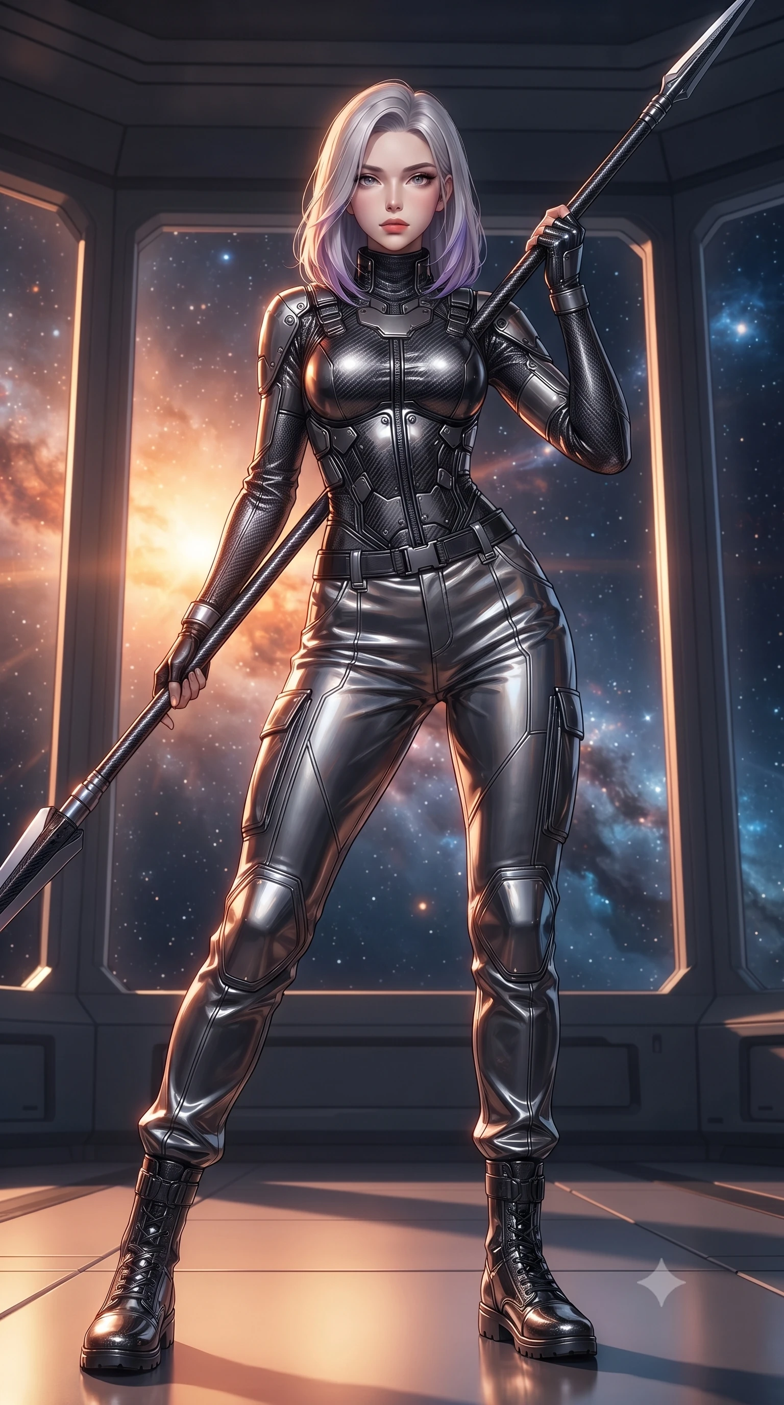 score_9, masterpiece, best quality, ultra-detailed, high-budget anime keyframe, editorial fashion photography, tasteful artistic composition, Caucasian woman. low angle full-body shot from head to toe showing her feet, filling the entire 9:16 vertical frame with her statuesque presence, stretching her vertical silhouette. standing in a dynamic combat stance with a carbon-fiber spear held diagonally, stretching her statuesque body, the background shows a soft-focus an officers' mess room with floor-to-ceiling windows showing a nebula sunrise. She has an absolutely perfect, statuesque 8.5-heads proportion, an exceptionally tall and slender model-like female figure with impossibly long slender legs and an ultra-slim waist. sharp v-shaped jawline, high-bridge nose, intricate jewel-like eyes with depth, thick eyelashes, glossy lips with a natural sheen. wearing a tailored tailored high-collar carbon-plated tactical vest worn over a high-neck protective utility undershirt and reinforced cargo pants. dramatic dual-tone orange and soft yellow sunrays painting the cabin in warmth. ultra-reflective glossy finish, specular highlights, metallic sheen, high-contrast stereoscopic depth, volumetric dynamic lighting, 2k, ultra detail, master piece, 9:16 ratio