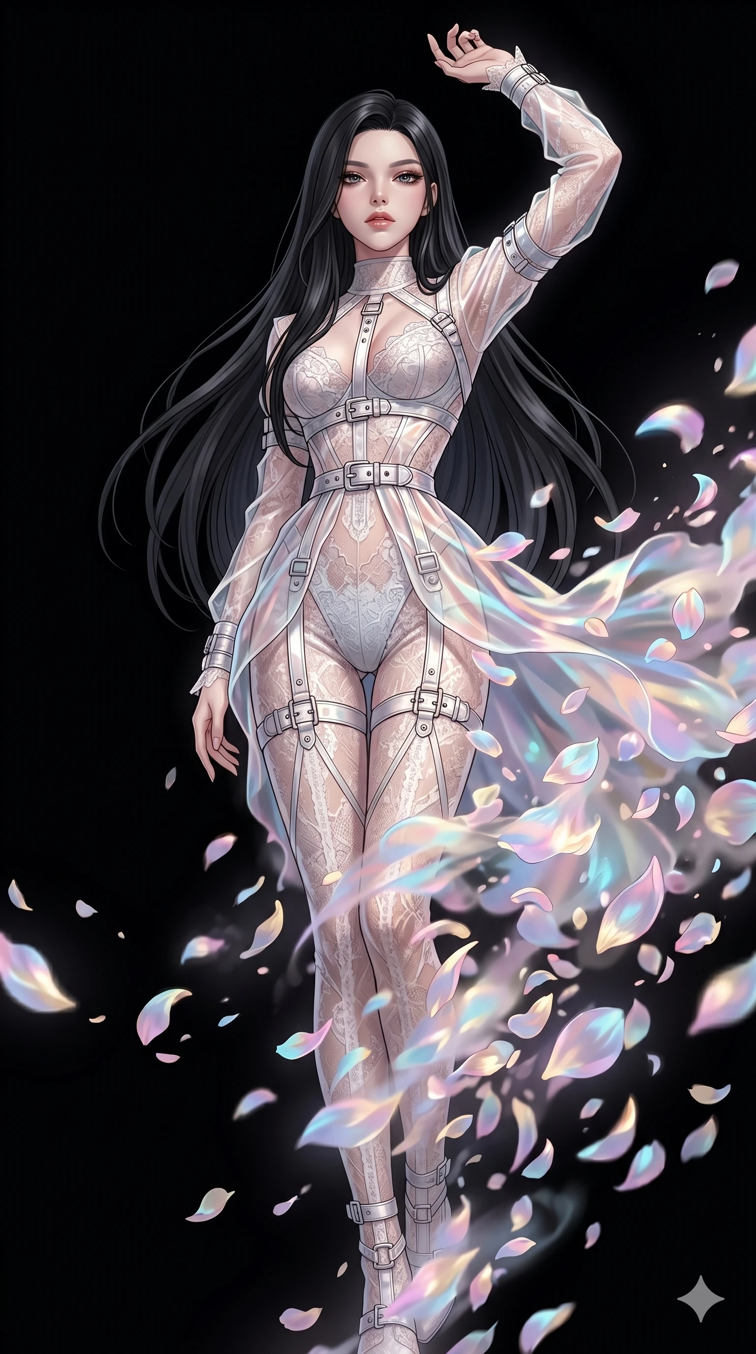 score_9, masterpiece, best quality, ultra-detailed, High-budget Anime Keyframe, East Asian woman. Low angle cowboy shot filling the entire 9:16 frame with her statuesque presence. Scenario 141: Dissolving into a cloud of iridescent silk petals in a void. Her presence is magnetic and overpowering in this high-budget anime scene. Outfit 141: A delicate technical lace avant-garde with a artistic translucent overlays and metallic buckles. The clothing is designed to emphasize her exceptionally tall and slender 8-heads proportion. 8-heads proportion, towering silhouette, ultra-slim waist. sharp v-shaped jawline, intricate jewel-like eyes with depth, thick eyelashes, glossy lips. 2k, ultra detail, master piece, 9:16 ratio