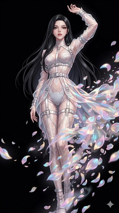 score_9, masterpiece, best quality, ultra-detailed, High-budget Anime Keyframe, East Asian woman. Low angle cowboy shot filling the entire 9:16 frame with her statuesque presence. Scenario 141: Dissolving into a cloud of iridescent silk petals in a v