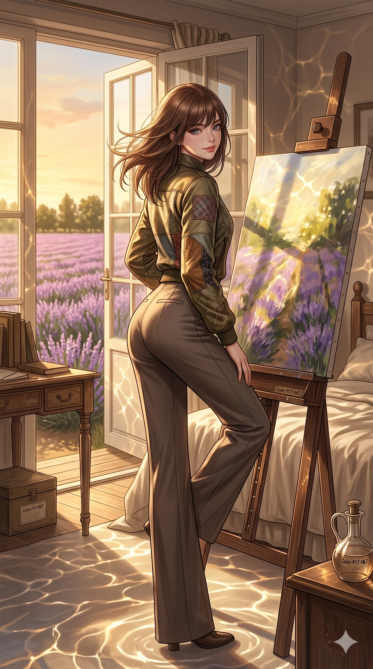 score_9, masterpiece, best quality, ultra-detailed, high-budget anime keyframe, editorial fashion photography, tasteful artistic composition, Korean woman. cowboy shot from the thighs up, character and outfit filling the frame for maximum editorial presence. leaning against an easel, looking over her shoulder with a magnetic half-smile inside a sunlit private bedroom overlooking a field of lavender (Code-P17-067). She has an absolutely perfect 8-heads proportion, an exceptionally tall and slender female figure with impossibly long slender legs and an ultra-slim waist. V-shaped jawline, high-bridge nose, intricate jewel-like eyes with depth, thick eyelashes, glossy lips with a natural sheen. wearing a high-neck long-sleeved flight jacket over trousers. warm afternoon sunbeams reflecting off the water ripples, tracing her athletic build. 2k, ultra detail, master piece, 9:16 ratio
