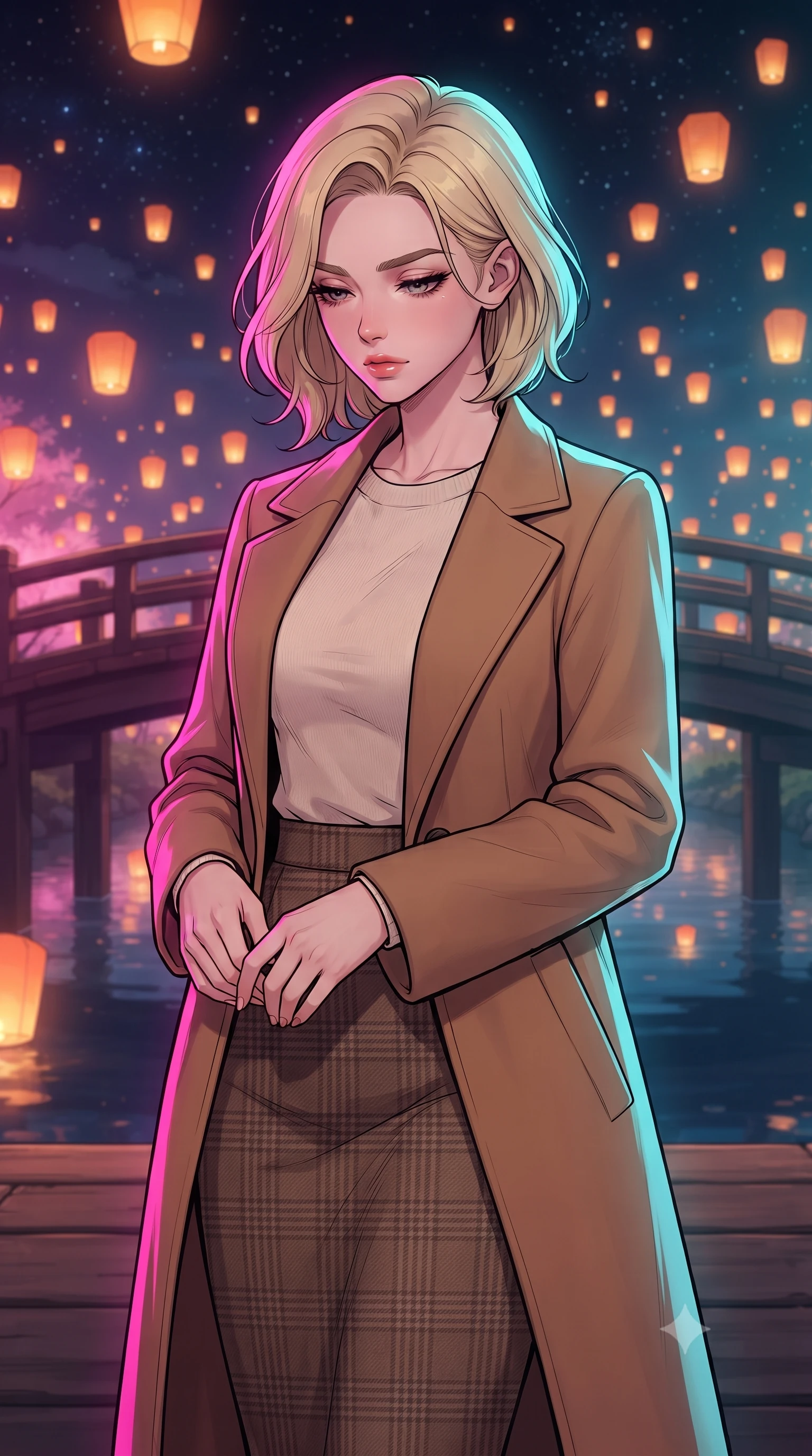 score_9, masterpiece, best quality, ultra-detailed, high-budget anime keyframe, gorgeous anime illustration, with clean line-art and distinct ink outlines, Caucasian woman, strictly human ears. close-up cowboy shot from the waist and thighs up, the character dominates the composition, filling the frame with her large presence, background elements kept in soft focus. Looking down with lowered lashes and a composed powerful expression. set against a soft-focus background of on a wooden bridge over a quiet canal at night, as thousands of warm orange paper lanterns float up into a dark sky filled with stars, reflecting on the calm water. She has an exceptionally elegant and slender, willowy female figure with an ultra-slim waist, a gracefully sculpted slender torso, and a refined slim physique. sharp v-shaped jawline, high-bridge nose, intricate jewel-like eyes with depth, thick eyelashes, glossy lips with a natural sheen. wearing a camel hair coat over a soft cream knit top and a brown check wool pencil skirt. dual-tone lighting with hot magenta from the left and cool cyan from the right. 2k, ultra detail, master piece, 9:16 ratio, vibrant anime color palette, detailed cel-shading with soft gradients, rich contrast, dynamic lighting, 2d animation style