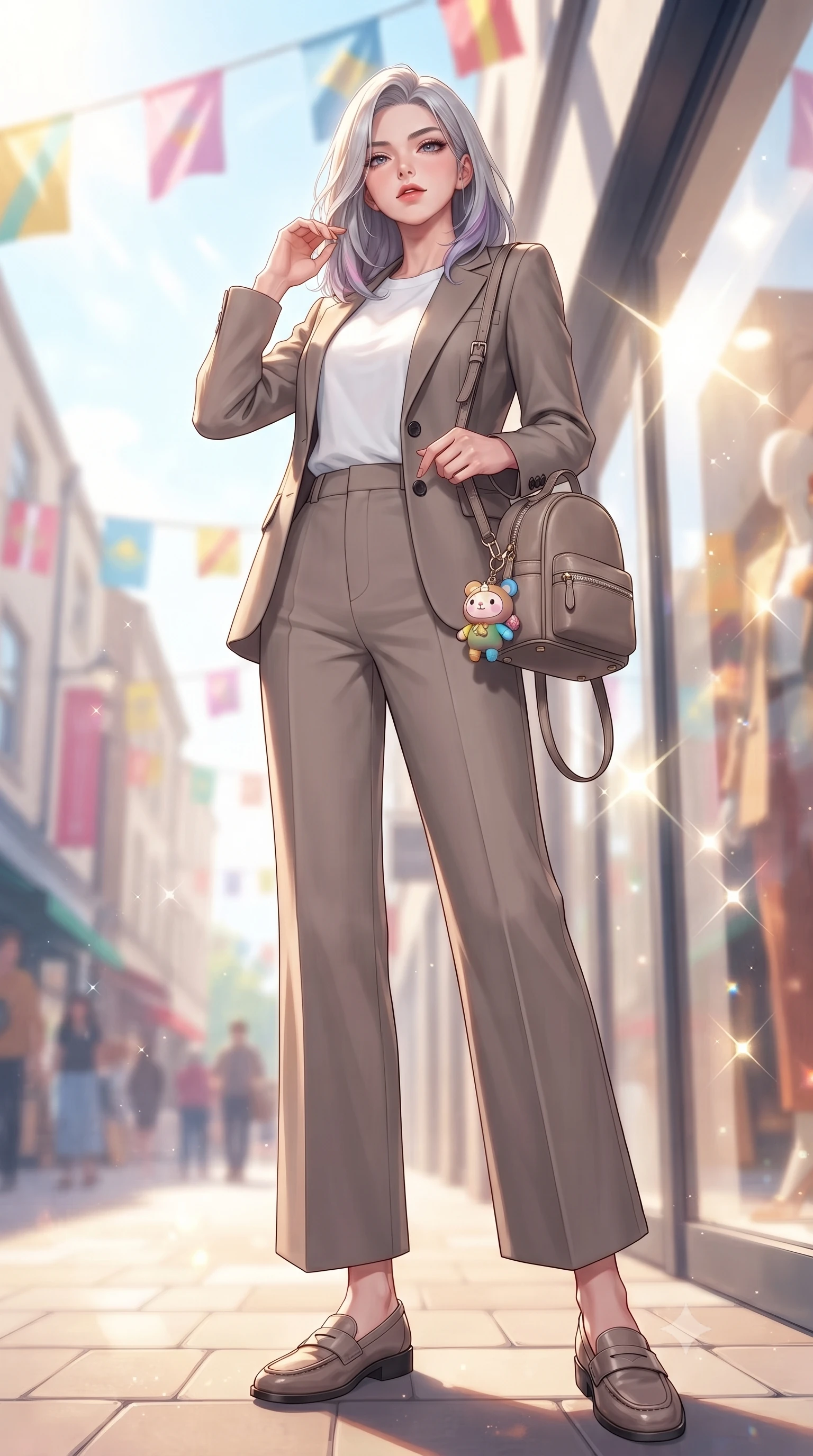 score_9, masterpiece, best quality, ultra-detailed, high-budget anime keyframe, editorial fashion photography, tasteful artistic composition, Caucasian woman. low angle full-body shot from head to toe showing her feet, filling the entire 9:16 vertical frame with her statuesque presence, stretching her vertical silhouette. standing in a captivating power pose, tilting her chin up with a smoldering, bright expression set against a soft-focus background of walking down a pedestrian shopping boulevard with colorful flags overhead holding a cute key ring attached to her small backpack. She has an absolutely perfect, statuesque 8.5-heads proportion, an exceptionally tall and slender model-like female figure with impossibly long slender legs and an ultra-slim waist. sharp v-shaped jawline, high-bridge nose, intricate jewel-like eyes with depth, thick eyelashes, glossy lips with a natural sheen. wearing body-hugging tailored casual blazer in taupe, paired with a loose tee and wide-leg trousers. bright afternoon sunbeams creating sharp reflections on the glass shop windows. highly saturated vibrant anime colors, detailed shading with soft gradients, rich glossy textures, high-contrast stereoscopic depth, volumetric dynamic lighting, master piece, 9:16 ratio