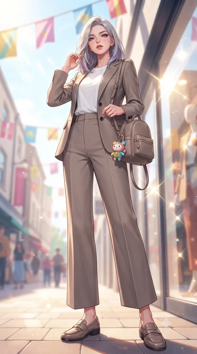score_9, masterpiece, best quality, ultra-detailed, high-budget anime keyframe, editorial fashion photography, tasteful artistic composition, Caucasian woman. low angle full-body shot from head to toe showing her feet, filling the entire 9:16 vertica