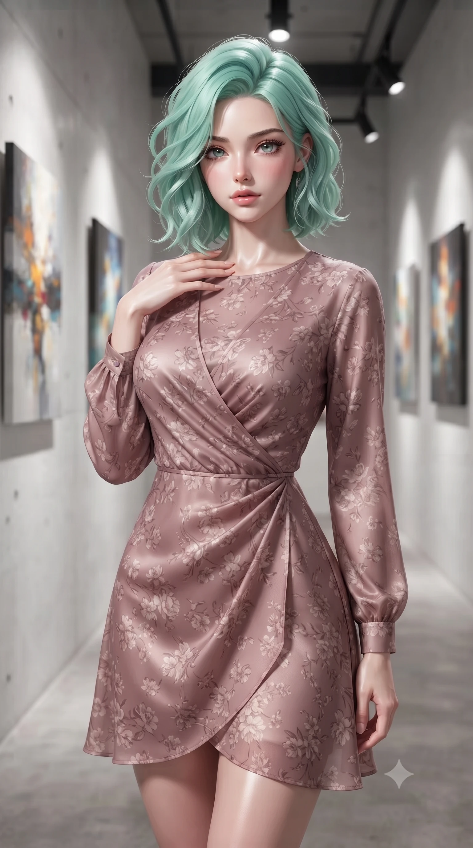 score_9, masterpiece, best quality, ultra-detailed, high-budget anime keyframe, editorial fashion photography, tasteful artistic composition, Japanese woman. close-up cowboy shot from the waist and thighs up, the character dominates the composition, filling the frame with her large presence, background elements kept in soft focus. standing with one hand resting on her collarbone, looking at the viewer with bedroom-eyes the background shows a soft-focus a private art gallery corridor with white concrete walls and abstract oil paintings. She has an exceptionally elegant, slender, and willowy female figure with an ultra-slim waist, a gracefully sculpted slender torso, and a refined silhouette. sharp v-shaped jawline, high-bridge nose, intricate jewel-like eyes with depth, thick eyelashes, glossy lips with a natural sheen. wearing a slim-fit flowy floral-patterned wrap dress in dusty rose chiffon with long sleeves and a modest crew neck. focused art spotlights casting clean, structured lighting over her figure. ultra-reflective glossy finish, specular highlights, metallic sheen, high-contrast stereoscopic depth, volumetric dynamic lighting, 2k, ultra detail, master piece, 9:16 ratio