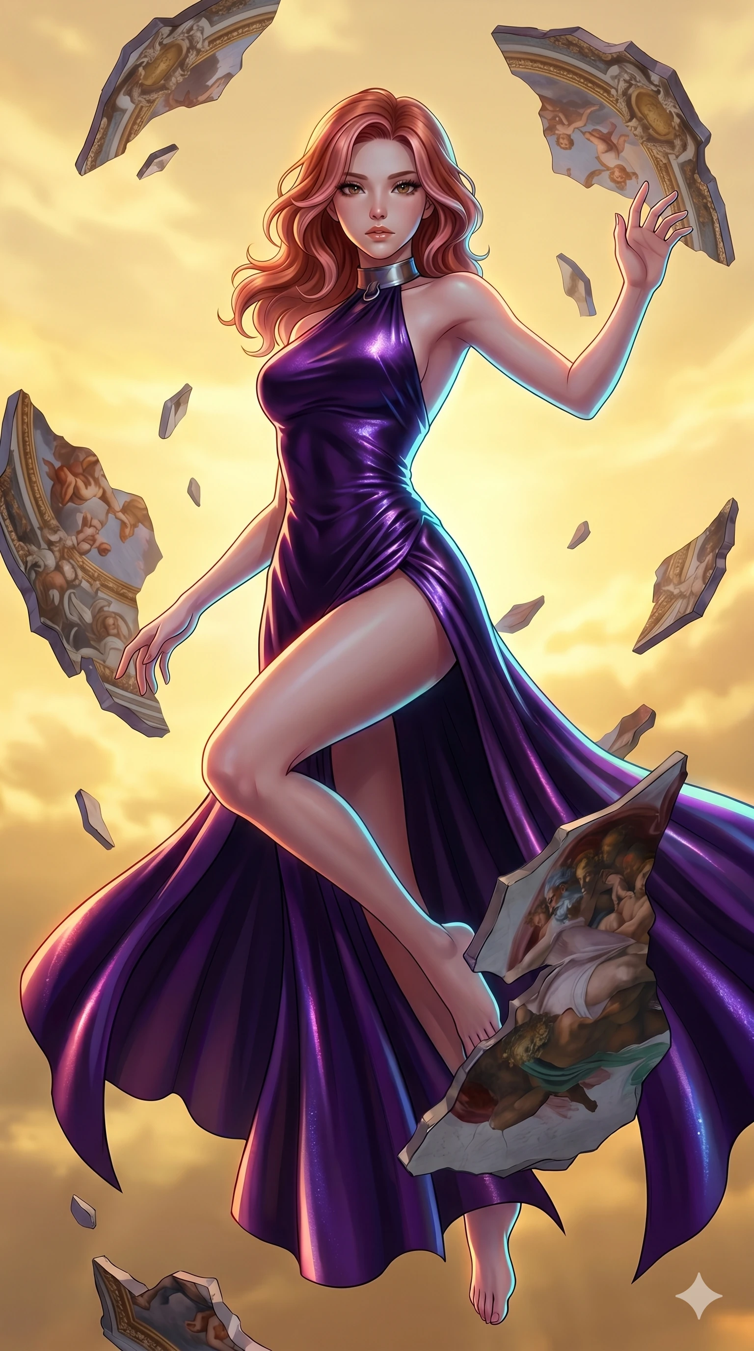 score_9, masterpiece, best quality, ultra-detailed, high-budget anime keyframe, Japanese woman. upper body close-up from the thighs up, character filling the screen for maximum presence. propelling herself off digital baroque ceiling fresco shards that float and reassemble in a golden sky. She has an absolutely perfect 8-heads proportion, an exceptionally tall and slender female figure with impossibly long slender legs and an ultra-slim waist. V-shaped jawline, high-bridge nose, intricate jewel-like eyes with depth, thick eyelashes, glossy lips with a natural sheen.. wearing a gothic liquid silk gown, featuring a deep purple liquid silk maxi gown draped around her, secured by a metallic choker collar, with a high side slit. bathed in brilliant cinematic volumetric lighting and intense neon rim light highlighting her slender form. 2k, ultra detail, master piece, 9:16 ratio