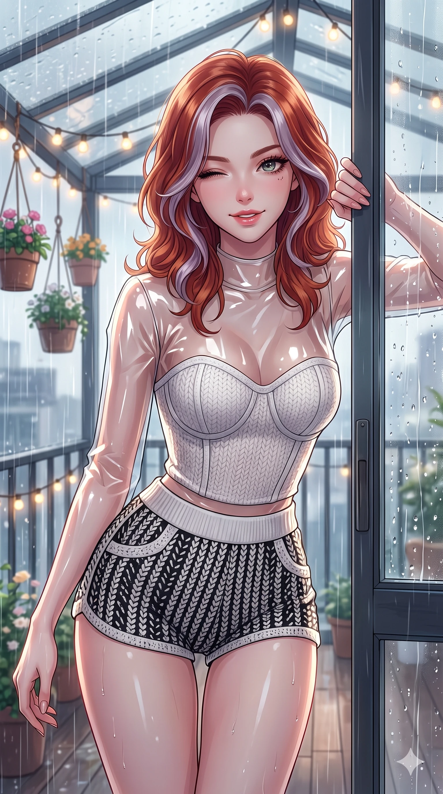 score_9, masterpiece, best quality, ultra-detailed, high-budget anime keyframe, vibrant anime aesthetic, Caucasian woman, strictly human ears. close-up cowboy shot from the waist and thighs up, the character dominates the composition, filling the frame with her large presence, background elements kept in soft focus. She is peering through a rain-streaked window, winking with a playful grin, gazing softly at the camera lens with a relaxed and elegant posture. the background shows a soft-focus glass-roofed balcony decorated with hanging flower pots and warm fairy lights, under a steady rainfall (Code-P22-128). She has an absolutely perfect proportion, an exceptionally elegant and slender female figure with an ultra-slim waist. V-shaped jawline, high-bridge nose, intricate jewel-like eyes with depth, thick eyelashes, glossy lips with a natural sheen. wearing a translucent patent-gloss top over a white textured knit structured bodice and knit shorts in black and white couture. She is drenched in soft daylight filtering through rain-streaked glass panels, highlighting her V-shaped jawline on the outdoor wooden terrace. 2k, ultra detail, master piece, 9:16 ratio