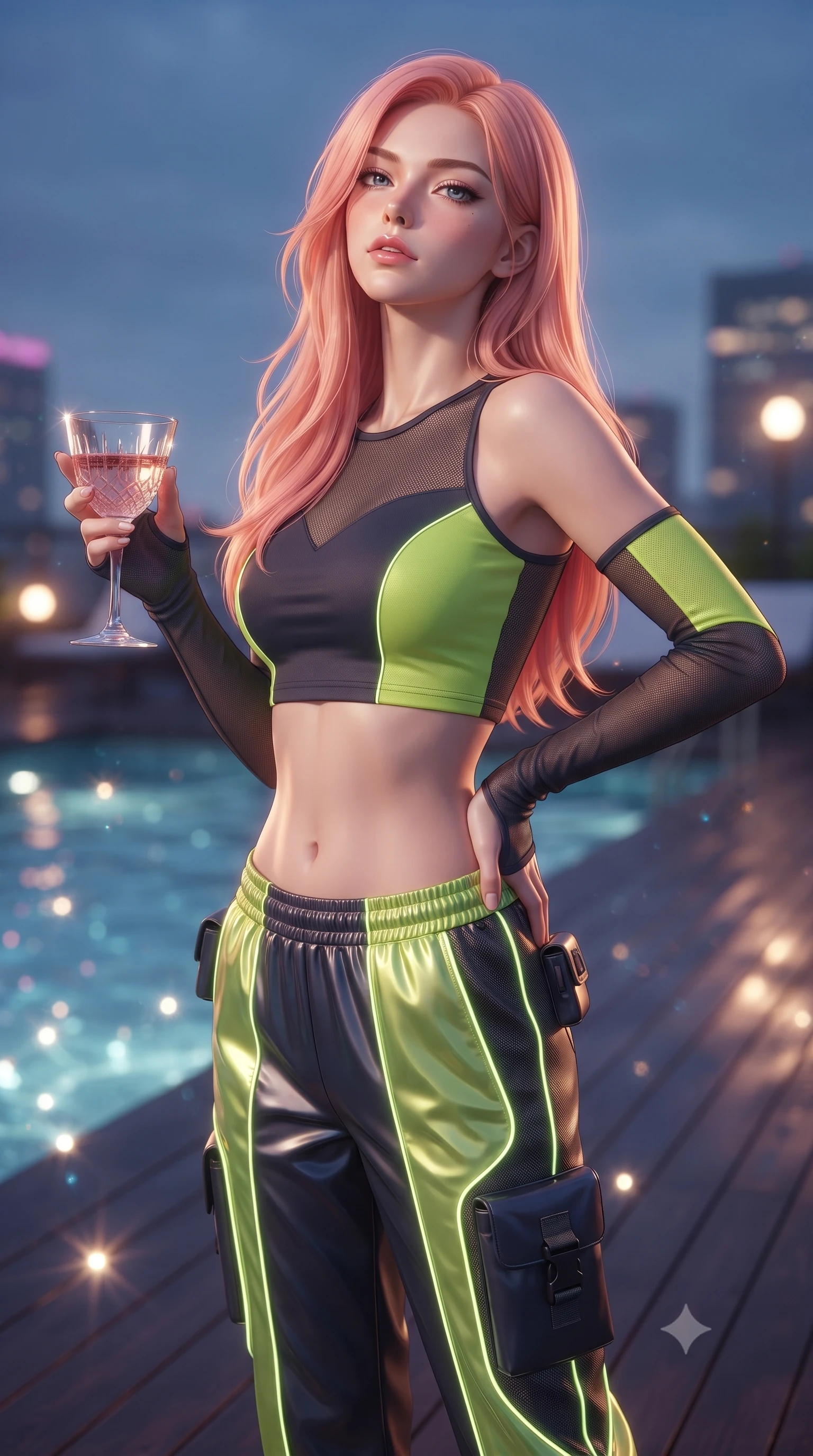 score_9, masterpiece, best quality, ultra-detailed, high-budget anime keyframe, editorial fashion photography, tasteful artistic composition, Japanese woman. close-up cowboy shot from the waist and thighs up, the character dominates the composition, filling the frame with her large presence. tilting her chin up with proud, sovereign confidence while gazing directly into the lens with thick, dark eyelashes while holding a chilled glass of vintage rosé, casting a smoldering, confident gaze over her shoulder into the lens. The composition keeps background elements in soft focus with creamy bokeh. shimmering pool caustics and city neon reflections scattering radiant light motes across the deck. She has an exceptionally elegant, slender, and willowy female figure with an ultra-slim waist, a gracefully sculpted slender torso, toned flat midriff, and a refined slim silhouette. sharp v-shaped jawline, high-bridge nose, intricate jewel-like eyes with depth, thick eyelashes, glossy lips with a natural sheen, captivating and magnetic expression, flawlessly proportioned anatomical accuracy, strict slender model proportions, natural body alignment, perfectly sculpted long slender limbs, ultra-slim waistline, clean dynamic posture without body distortion. wearing a sporty Y2K mesh-paneled crop top with asymmetrical sleeve warmers and low-slung metallic track pants in acid lime green and dark obsidian, made of breathable technical athletic mesh and liquid-finish track nylon, finished with glowing fiber-optic seam piping and miniature utility pouches edition #27, the liquid-tight tailored fabric emphasizing every curve of her tall, slender model proportions and sculptured silhouette during dynamic movement. illuminated by crisp directional edge lights sharply sculpting her slender waist and long slender legs. ultra-reflective glossy finish, specular highlights, rich textural contrasts, high-contrast stereoscopic depth, volumetric dynamic lighting, 2k, ultra detail, master piece, 9:16 ratio