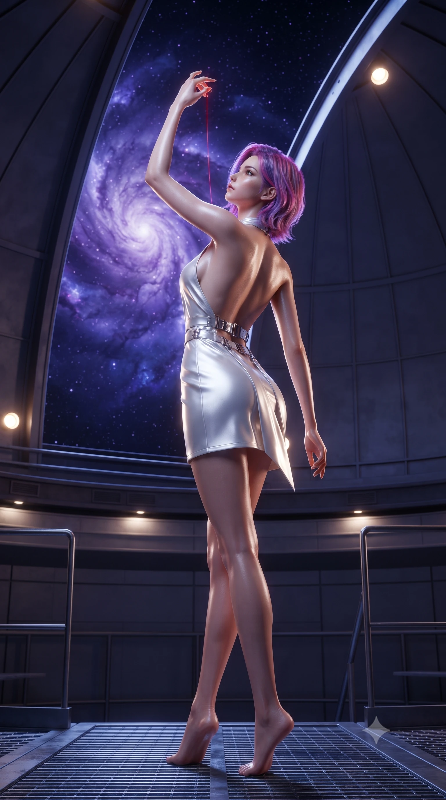 score_9, masterpiece, best quality, ultra-detailed, High-budget Anime Keyframe, editorial fashion photography, tasteful artistic composition, realistic cosplay photography, Caucasian woman, strictly human ears. Dynamic full-body shot stretching the vertical silhouette to the limit. Scenario 521: tracing a glowing red thread of fate with her fingers in a high-altitude observatory dome under a swirling violet nebula. Her presence is magnetic and overpowering in this high-budget cinematic scene. Outfit 521: a tailored pearl white liquid silk mini dress with a dramatic backless design and metallic buckles. The clothing is designed to emphasize her exceptionally tall and slender 8-heads proportion. 8-heads proportion, towering silhouette, ultra-slim waist. sharp v-shaped jawline, intricate jewel-like eyes with depth, thick eyelashes, glossy lips. ultra-reflective glossy finish, specular highlights, metallic sheen, high-contrast stereoscopic depth, volumetric dynamic lighting, 2k, ultra detail, master piece, 9:16 ratio