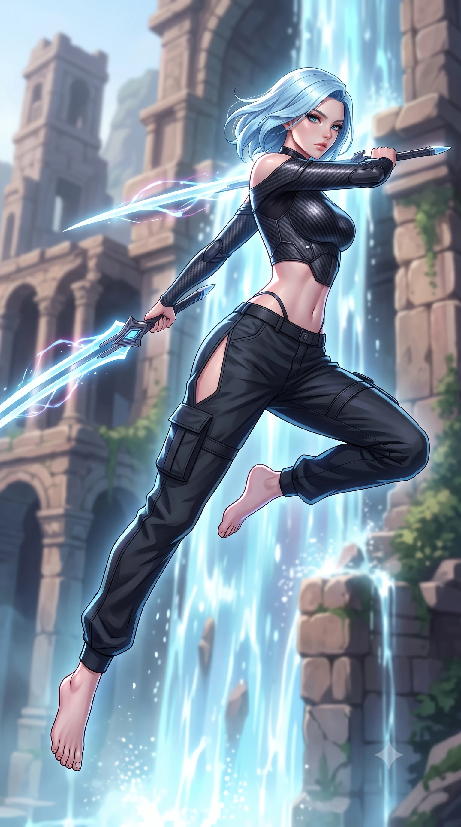 score_9, masterpiece, best quality, ultra-detailed, high-budget anime keyframe, editorial fashion photography, tasteful artistic composition, Korean woman. low angle full-body shot from head to toe showing her feet, filling the entire 9:16 vertical frame with her statuesque presence, stretching her vertical silhouette. leaping forward while slashing with a twin-bladed plasma sword in mid-air, her body-contouring suit showing her athletic silhouette, the background shows a soft-focus ancient stone ruins built next to a cascade of glowing liquid energy. She has an absolutely perfect, statuesque 8.5-heads proportion, an exceptionally tall and slender model-like female figure with impossibly long slender legs and an ultra-slim waist. sharp v-shaped jawline, high-bridge nose, intricate jewel-like eyes with depth, thick eyelashes, glossy lips with a natural sheen. wearing a slim-fit off-shoulder carbon-fiber armor top paired with high-slit tactical cargo pants, showing her delicately sculpted midriff. cascades of glowing liquid plasma energy tracing a rim light on her form. highly saturated vibrant anime colors, detailed shading with soft gradients, rich glossy textures, high-contrast stereoscopic depth, volumetric dynamic lighting, master piece, 9:16 ratio