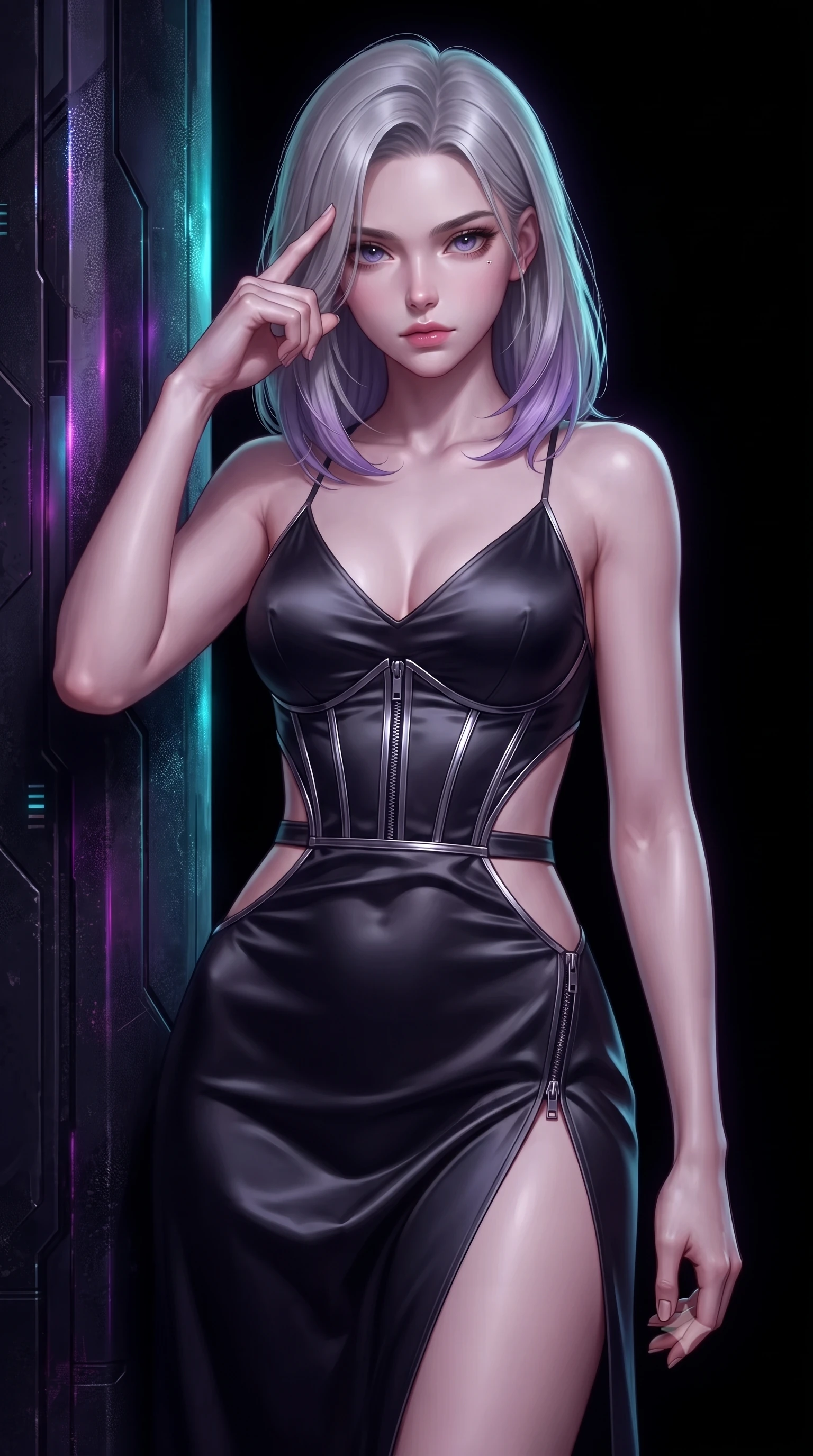score_9, masterpiece, best quality, ultra-detailed, high-budget anime keyframe, editorial fashion photography, tasteful artistic composition, Caucasian woman. close-up cowboy shot from the waist and thighs up, the character dominates the composition, filling the frame with her large presence, background elements kept in soft focus. Pressing two fingers to her temple in a composed, sharp thoughtful gesture, resting against a dark cybernetic pillar amidst a storm of holographic glitch dust, pitch-black digital void background creating absolute subject isolation. She has an exceptionally elegant, slender, and willowy female figure with an ultra-slim waist, a gracefully sculpted slender torso, and a refined silhouette. sharp v-shaped jawline, high-bridge nose, intricate jewel-like eyes with depth, thick eyelashes, glossy lips with a natural sheen. wearing draped obsidian silk gown featuring tasteful waist slit cutouts in dark charcoal gray, made of soft dark satin, finished with metallic silver boning and sleek zipper points, the fitted fabric emphasizing her ultra-slim waist. illuminated by dark purple and cyan holographic data rays against a black void. highly saturated vibrant anime colors, detailed shading with soft gradients, rich glossy textures, high-contrast stereoscopic depth, volumetric dynamic lighting, master piece, 9:16 ratio