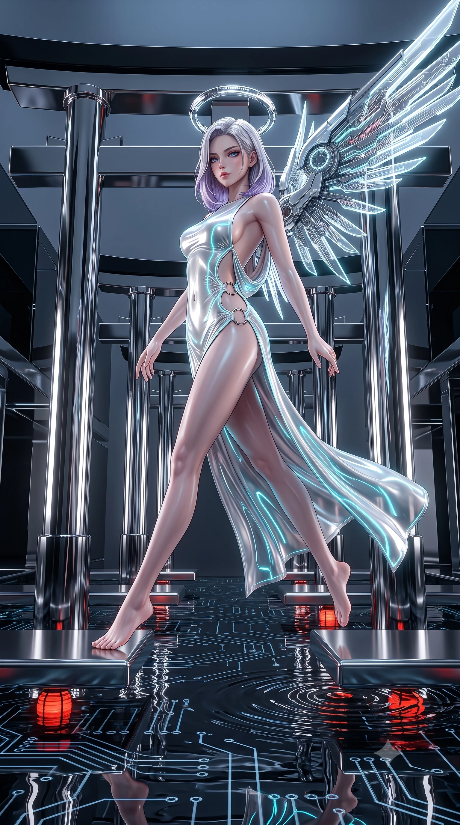 score_9, masterpiece, best quality, ultra-detailed, high-budget anime keyframe, editorial fashion photography, tasteful artistic composition, Caucasian woman. low angle full-body shot from head to toe showing her feet, filling the entire 9:16 vertical frame with her statuesque presence, stretching her vertical silhouette. arching her back gracefully in mid-air as glowing mechanical wings and floating cybernetic halos frame her statuesque presence while striding gracefully along a mirrored chrome torii gate arcade suspended above a digital water matrix. The surrounding environment is rendered in vivid detail and crisp panoramic clarity. sharp digital circuit water ripples, vermilion cyber-lanterns, and black glass walkway in high clarity. She has an absolutely perfect, statuesque 8.5-heads proportion, an exceptionally tall and slender model-like female figure with impossibly long slender legs, a toned flat midriff, and an ultra-slim waist. sharp v-shaped jawline, high-bridge nose, intricate jewel-like eyes with depth, thick eyelashes, glossy lips with a natural sheen, flawlessly proportioned anatomical accuracy, strict slender model proportions, natural body alignment, perfectly sculpted long slender limbs, ultra-slim waistline, clean dynamic posture without body distortion. wearing a precision-fitted liquid jersey bodycon gown in radiant chrome and white, featuring an open cowl back and high side slit in polished mirror chrome and glowing electric cyan neon, tailored from semi-translucent cybernetic vinyl with glowing micro-filaments, detailed with polished silver rings connecting the daring side-waist cutouts, the liquid-tight tailored fabric emphasizing every curve of her tall, slender model proportions and sculptured silhouette during dynamic movement. surrounded by an ethereal, timeless, and captivatingly graceful oriental cyber-goddess aura. ultra-reflective glossy finish, specular highlights, dark metallic sheen, high-contrast stereoscopic depth, volumetric dynamic lighting, 2k, ultra detail, master piece, 9:16 ratio