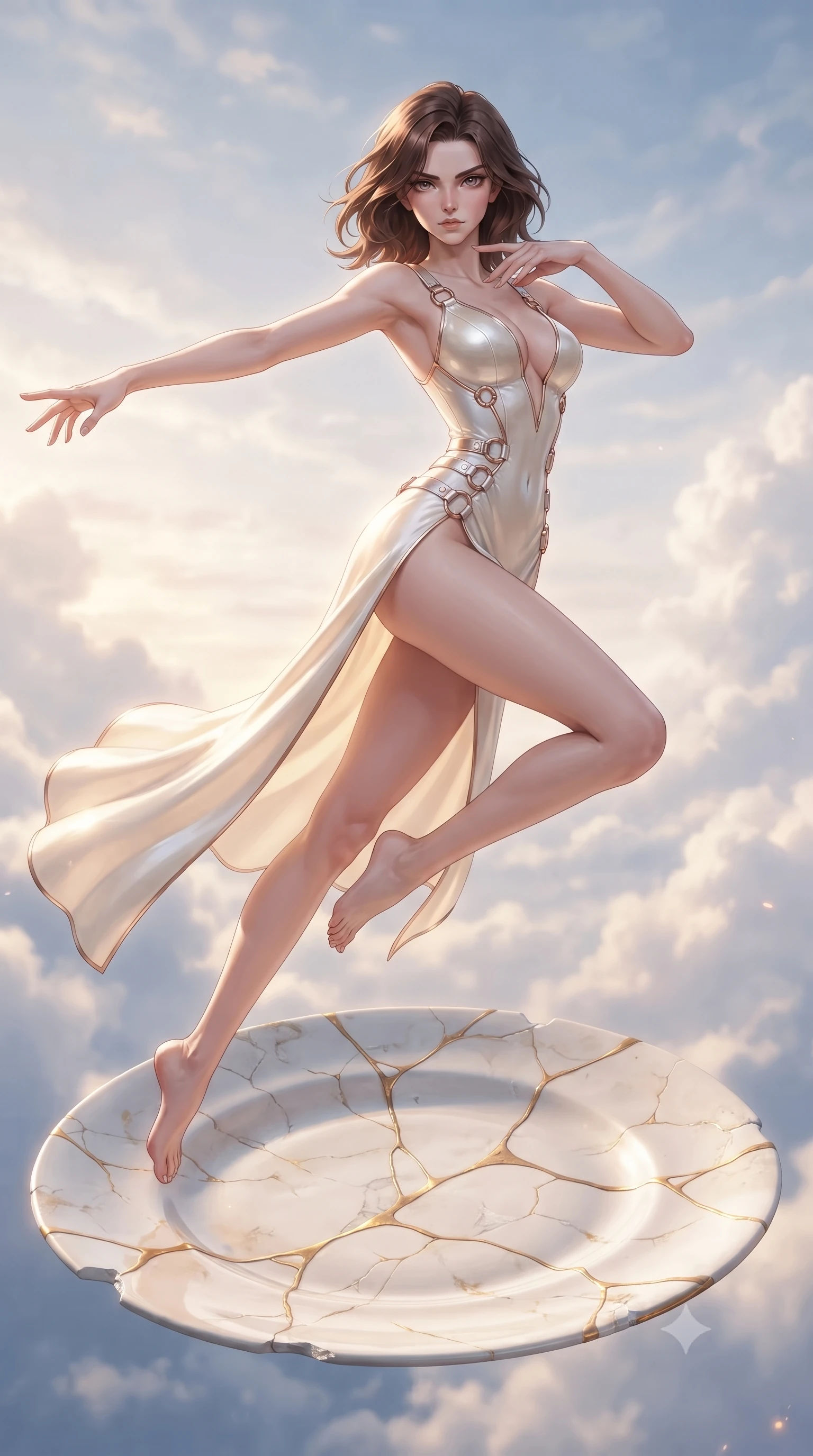 score_9, masterpiece, best quality, ultra-detailed, high-budget anime keyframe, editorial fashion photography, tasteful artistic composition, Korean woman. low angle full-body shot from head to toe showing her feet, filling the entire 9:16 vertical frame with her statuesque presence, stretching her vertical silhouette. leaping dynamically through the luminous sky, her posture full of power and elegance, standing before a giant porcelain ceramic plate joined with liquid golden kintsugi veins, artisanal elegance in her composed, intelligent gesture. She has an absolutely perfect, statuesque 8.5-heads proportion, an exceptionally tall and slender model-like female figure with impossibly long slender legs and an ultra-slim waist. sharp v-shaped jawline, high-bridge nose, intricate jewel-like eyes with depth, thick eyelashes, glossy lips with a natural sheen. wearing low-cut structured bodice gown in liquid pearl with high leg slit in glowing ivory, made of sculpted platinum chrome, trimmed with rose-gold ring hardware along the waist contours, the fitted fabric emphasizing her ultra-slim waist. surrounded by a soft radiant inner glow and crisp metallic gold highlights. ultra-reflective glossy finish, specular highlights, metallic sheen, high-contrast stereoscopic depth, volumetric dynamic lighting, 2k, ultra detail, master piece, 9:16 ratio