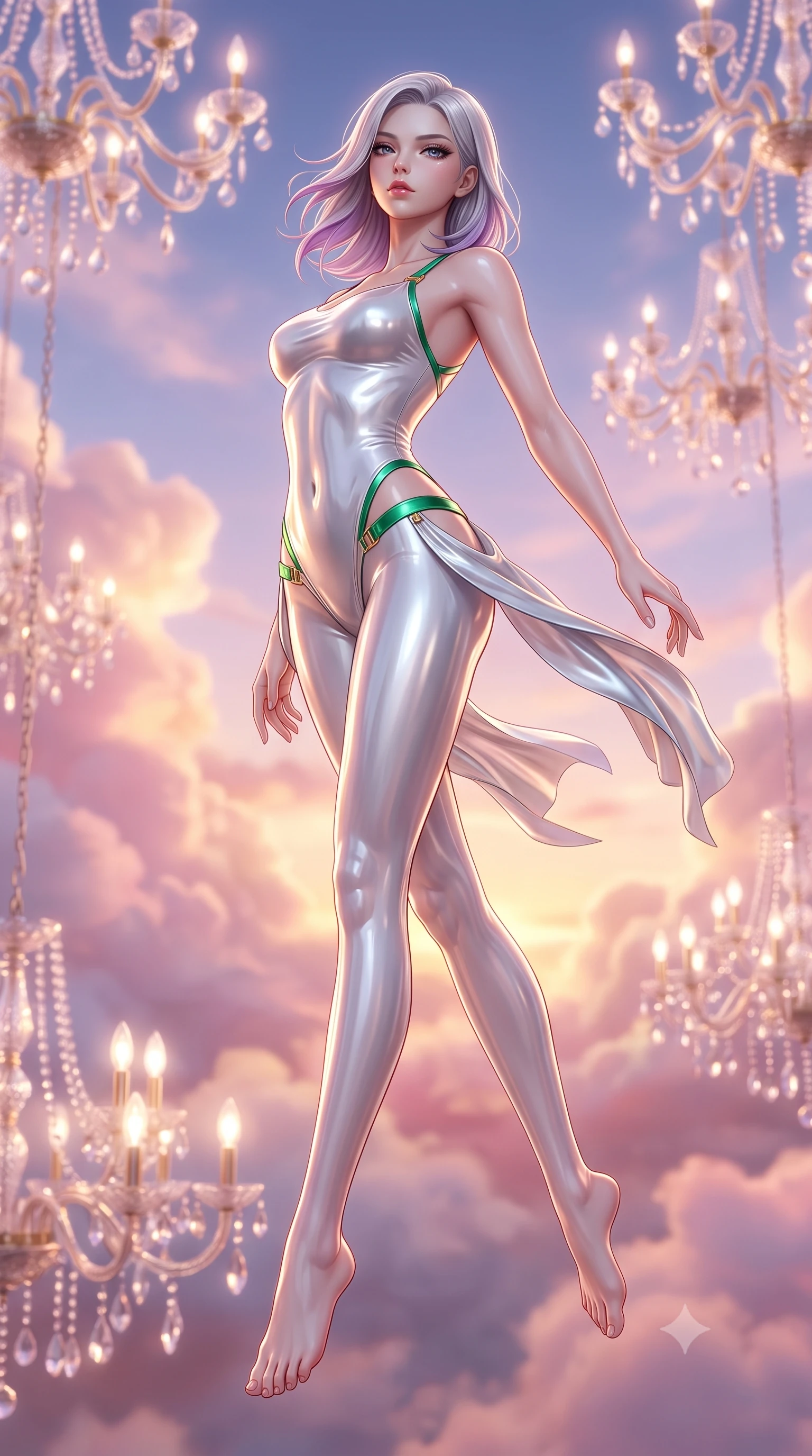 score_9, masterpiece, best quality, ultra-detailed, high-budget anime keyframe, semi-realistic 3D game render, editorial fashion photography, tasteful artistic composition, Caucasian woman. low angle full-body shot from head to toe showing her feet, filling the entire 9:16 vertical frame with her statuesque presence, stretching her vertical silhouette. leaping through mid-air with an athletic yet alluring arch of her spine, her impossibly long slender legs stretched in flawless poise while stretching her slender torso in an alluring back-arch as high-altitude breezes flutter her silk drapes against the sunset. The composition keeps background elements in soft focus with creamy bokeh. billowing pink and gold twilight clouds and floating crystal chandeliers blurred into dreamy pastel bokeh. She has an absolutely perfect, statuesque 8.5-heads proportion, an exceptionally tall and slender model-like female figure with impossibly long slender legs, a toned flat midriff, and an ultra-slim waist. sharp v-shaped jawline, high-bridge nose, intricate jewel-like eyes with depth, thick eyelashes, glossy lips with a natural sheen, flawlessly proportioned anatomical accuracy, strict slender model proportions, natural body alignment, perfectly sculpted long slender limbs, ultra-slim waistline, clean dynamic posture without body distortion. wearing a second-skin white liquid-mercury micro-bodysuit sculpted tightly to her slender build, featuring razor-thin metallic straps and hip cutouts in bright emerald green satin and gold hardware, crafted from ultra-reflective second-skin latex with a high-gloss glass-like polish, finished with an ultra-high side slit secured by miniature magnetic clasps, the form-contouring material adhering flawlessly to her sculpted flat midriff and slender torso, emphasizing her long leg lines and perfectly proportioned willowy build. surrounded by an enchanting, romantic, and intensely glamorous celestial ballroom ambiance. highly saturated vibrant anime colors, detailed shading with soft gradients, rich glossy textures, high-contrast stereoscopic depth, volumetric dynamic lighting, master piece, 9:16 ratio