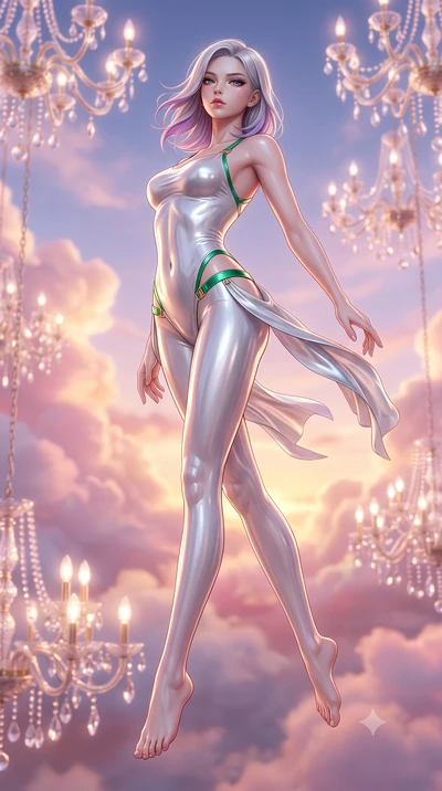 score_9, masterpiece, best quality, ultra-detailed, high-budget anime keyframe, semi-realistic 3D game render, editorial fashion photography, tasteful artistic composition, Caucasian woman. low angle full-body shot from head to toe showing her feet, 