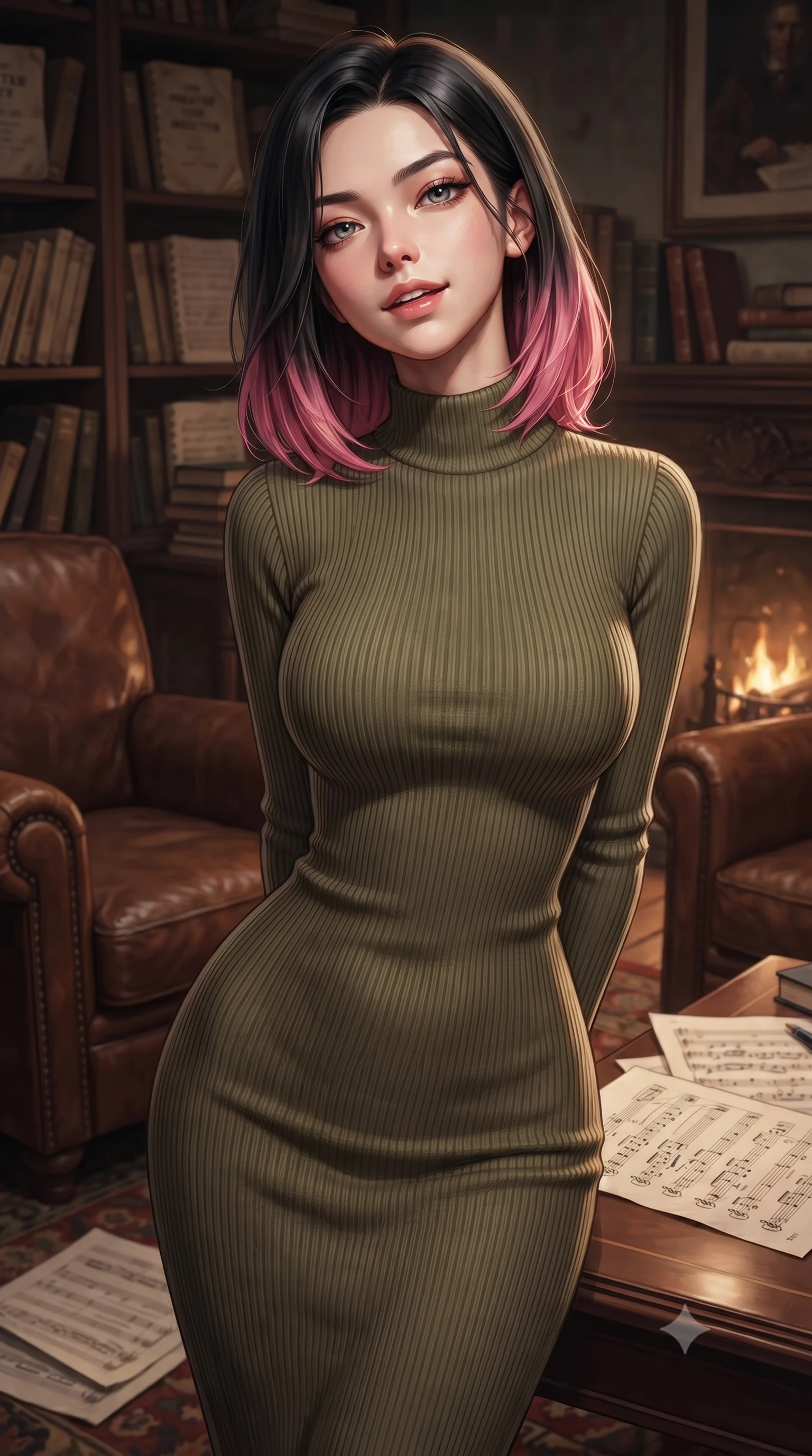 score_9, masterpiece, best quality, ultra-detailed, high-budget anime keyframe, editorial fashion photography, tasteful artistic composition, Korean woman. close-up cowboy shot from the waist and thighs up, the character dominates the composition, filling the frame with her large presence, background elements kept in soft focus. tilting her chin up slightly with lips parted in a composed, provocative expression the background shows a soft-focus the private study of a theater director with leather chairs and music sheets. She has an exceptionally elegant, slender, and willowy female figure with an ultra-slim waist, a gracefully sculpted slender torso, and a refined silhouette. sharp v-shaped jawline, high-bridge nose, intricate jewel-like eyes with depth, thick eyelashes, glossy lips with a natural sheen. wearing a form-contouring form-contouring ribbed knit bodycon midi dress in olive green, tracing her slender silhouette with a high neck. warm fireplace light casting cozy, intimate shadows on the wooden shelves. ultra-reflective glossy finish, specular highlights, metallic sheen, high-contrast stereoscopic depth, volumetric dynamic lighting, 2k, ultra detail, master piece, 9:16 ratio
