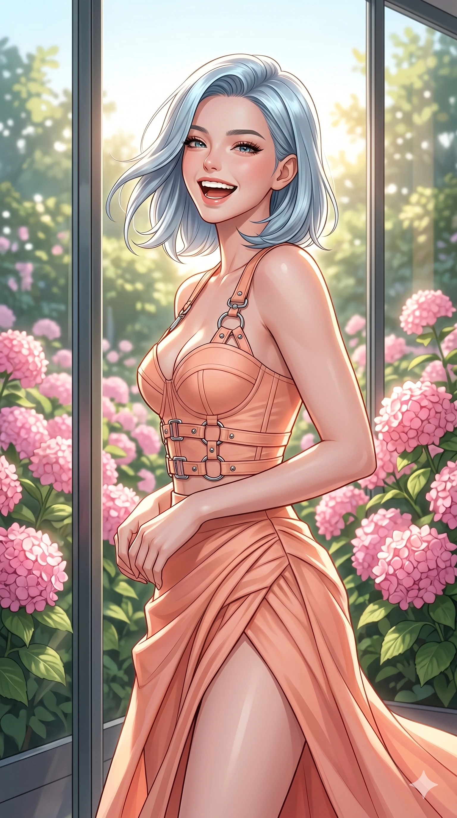 score_9, masterpiece, best quality, ultra-detailed, high-budget anime keyframe, editorial fashion photography, tasteful artistic composition, Korean woman. cowboy shot from the thighs up, character and outfit filling the frame for maximum editorial presence. turning around with a bright laugh, her eyes sparkling with joyful energy standing by a tall glass wall overlooking a sunlit garden of pink hydrangeas. She has an absolutely perfect 8-heads proportion, an exceptionally tall and slender female figure with impossibly long slender legs and an ultra-slim waist. V-shaped jawline, high-bridge nose, intricate jewel-like eyes with depth, thick eyelashes, glossy lips with a natural sheen. wearing a structured peach-colored bustier top with chrome-ring hardware and a matching high-slit skirt. illuminated by direct, bright midday sunlight making her smooth skin glow beautifully. 2k, ultra detail, master piece, 9:16 ratio