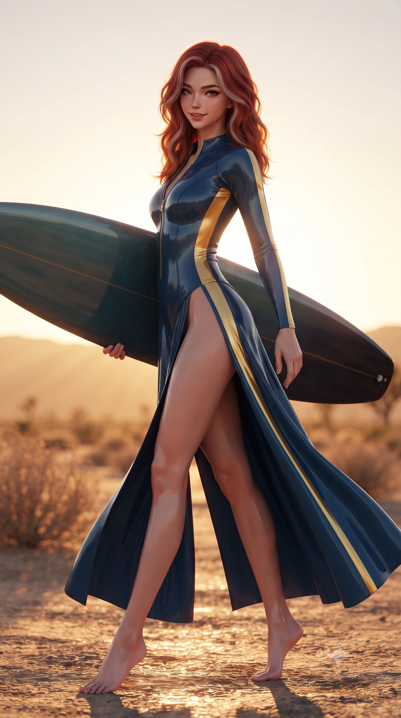 score_9, masterpiece, best quality, ultra-detailed, high-budget anime keyframe, editorial fashion photography, tasteful artistic composition, Caucasian woman. low angle full-body shot from head to toe showing her feet, filling the entire 9:16 vertical frame with her statuesque presence, stretching her vertical silhouette. executing a slow, graceful pivot turn as her skirt sways around her slender legs, glancing back with an enchanting, teasing sensual expression while twisting her slender torso in an alluring S-curve, blazing desert sunset rays outlining her form-fitting outfit and curvy hips. The background shows a soft-focus desert tumbleweeds softened in dramatic cinematic western shallow focus. She has an absolutely perfect, statuesque 8.5-heads proportion, an exceptionally tall and slender model-like female figure with impossibly long slender legs, an ultra-slim waist, a flat toned midriff, narrow delicate ribcage, and beautifully sculpted feminine hips creating a graceful, slim hourglass silhouette without any bulky heaviness. sharp v-shaped jawline, high-bridge nose, sparkling eyes with hypnotic seductive depth, thick curled eyelashes, glossy parted lips with a natural dewy peach sheen, alluring bedroom-eyes with an enchanting coquettish smile, exuding magnetic siren charisma and sophisticated glamour, flawlessly proportioned anatomical accuracy, strict slender model proportions, natural body alignment, perfectly sculpted long slender limbs, ultra-slim waistline, clean dynamic posture without body distortion. wearing a form-contouring wet-look neoprene zip-front surfing bodysuit with high-cut leg openings and racing side stripes in molten liquid gold and deep ocean sapphire, tailored from second-skin technical compression neoprene with athletic curve-sculpting stretch, accented with a custom high-gloss tinted surfboard held lightly with one hand, the precision-cut side openings and low-back scoop framing her graceful spine and the sensual sweep of her slim, toned hips. bathed in intense blazing sunset light washing horizontally across the desert valley floor. ultra-reflective glossy finish, specular highlights, rich textural contrasts, high-contrast stereoscopic depth, volumetric dynamic lighting, 2k, ultra detail, master piece, 9:16 ratio