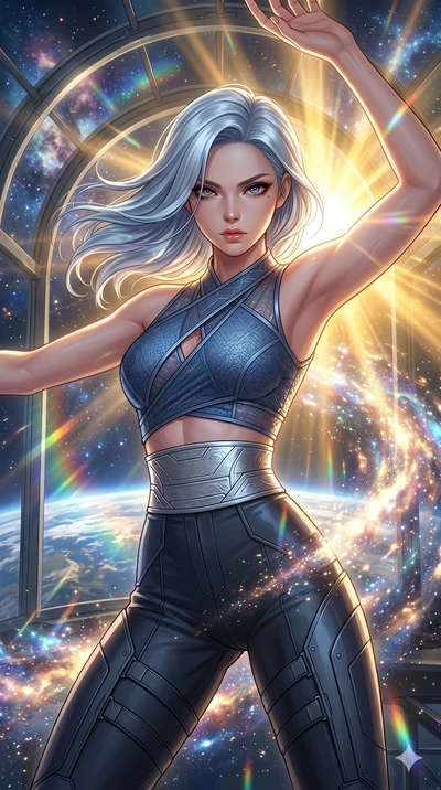 score_9, masterpiece, best quality, ultra-detailed, high-budget anime keyframe, Korean woman. Upper body close-up from the thighs up, character filling the screen for maximum presence. She is posing with dynamic energy as glowing cosmic stardust and 