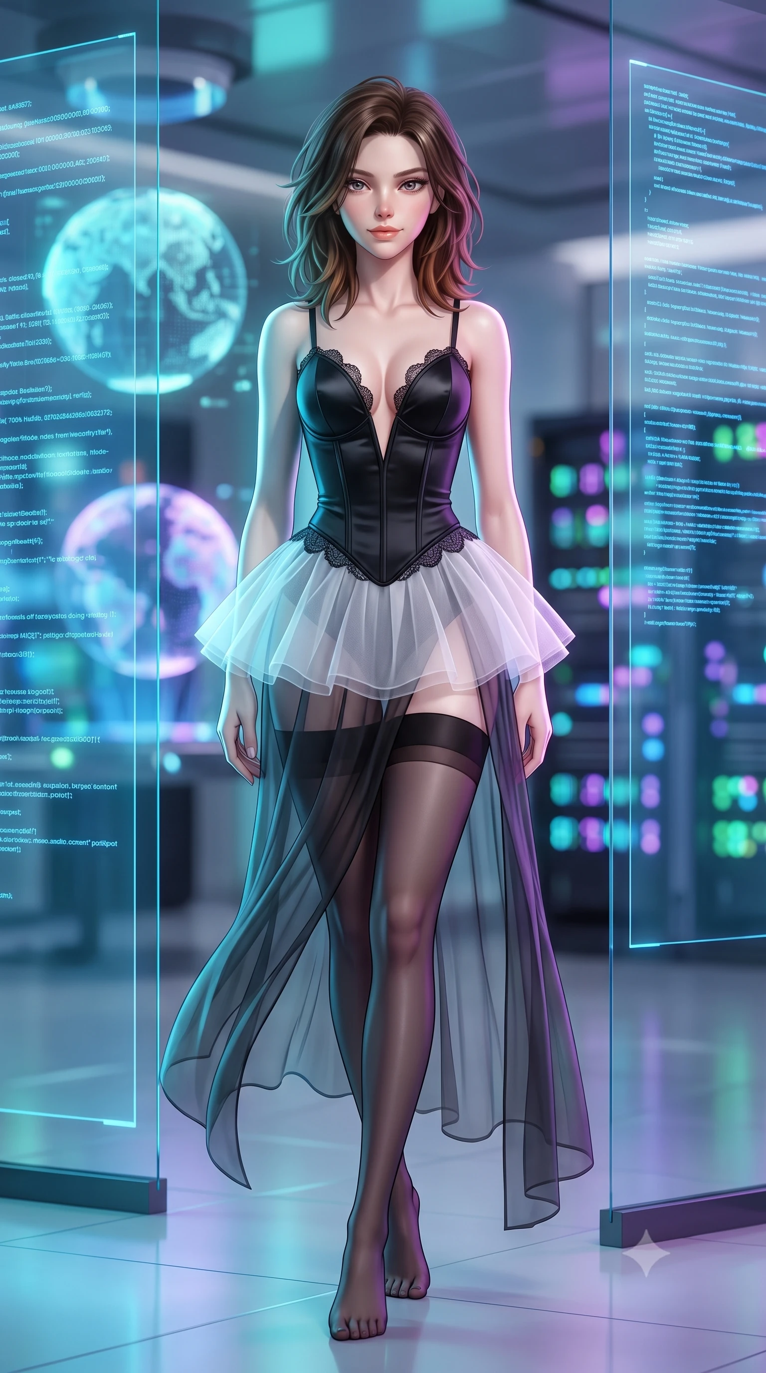 score_9, masterpiece, best quality, ultra-detailed, high-budget anime keyframe, semi-realistic 3D game render, editorial fashion photography, tasteful artistic composition, Korean woman. low angle full-body shot from head to toe showing her feet, filling the entire 9:16 vertical frame with her statuesque presence, stretching her vertical silhouette. lounging on the lavish daybed with legs crossed and hips angled toward the camera, displaying her toned midriff and long slender limbs with effortless siren poise while standing poised between transparent glass projection displays with hips cocked back, blue data streams illuminating her hourglass contours. The background shows a soft-focus floating holographic globe projections, blinking fiber-optic server lights, and glass partitions blurred into cyan, violet, and emerald bokeh. She has an absolutely perfect, statuesque 8.5-heads proportion, an exceptionally tall and slender model-like female figure with impossibly long slender legs, an ultra-slim waist, a flat toned midriff, narrow delicate ribcage, and beautifully sculpted feminine hips creating a graceful, slim hourglass silhouette without any bulky heaviness. sharp v-shaped jawline, high-bridge nose, sparkling eyes with hypnotic seductive depth, thick curled eyelashes, glossy parted lips with a natural dewy peach sheen, alluring bedroom-eyes with an enchanting coquettish smile, exuding magnetic siren charisma and sophisticated glamour, flawlessly proportioned anatomical accuracy, strict slender model proportions, natural body alignment, perfectly sculpted long slender limbs, ultra-slim waistline, clean dynamic posture without body distortion. wearing a plunging sweetheart-neckline boned satin ballet bustier paired with an ultra-short sheer tulle micro-tutu and silk stockings in high-contrast monochrome black and optic white, made of sheer gossamer chiffon that drapes softly against skin with airy translucence, finished with scalloped eyelash lace trim framing her sweetheart neckline with intimate elegance, the high-slit wrap tailoring accentuating her ultra-slim waistline and the enchanting curve of her feminine hips with alluring seductive charm. bathed in dynamic cyan and ultraviolet illumination radiating from giant holographic displays. highly saturated vibrant anime colors, detailed shading with soft gradients, rich glossy textures, high-contrast stereoscopic depth, volumetric dynamic lighting, master piece, 9:16 ratio