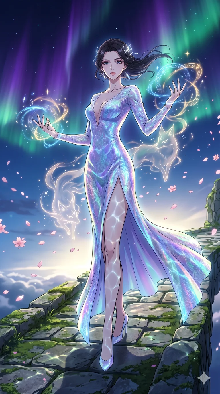 score_9, masterpiece, best quality, ultra-detailed, High-budget Anime Keyframe, vibrant colors, fluid line-art, expressive lighting, cinematic composition, Ufotable-style visual effects, top-tier animation quality, Japanese woman with delicate and elegant anime-inspired features. Cinematic low angle perspective showcasing her towering height and perfect 8-heads proportion. Summoning mystical ancient spirits in a floating celestial garden amidst a breathtaking aurora borealis that paints the sky in shades of violet and emerald. She has an absolutely perfect 8-heads proportion, an exceptionally tall and slender female figure with impossibly long slender legs and an ultra-slim waist, her statuesque height and towering silhouette dominating the vertical 9:16 frame. Her face is a masterpiece featuring a sharp v-shaped jawline, high-bridge nose, intricate jewel-like eyes with depth, thick eyelashes, and glossy lips with a natural sheen. She is wearing a Holographic lace evening gown with a dangerously high slit and a plunging neckline crafted from Bioluminescent silk that emits a soft, ethereal glow from within the fabric, unzipped deeply to reveal a daring glimpse of her chest and a high-cut leg line. The scene is set in an ancient floating island with pink cherry blossoms falling like snow against a blue sky, illuminated by underwater caustic lighting with ripples of light dancing across her body. 2k, ultra detail, master piece, 9:16 ratio