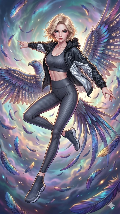 score_9, masterpiece, best quality, ultra-detailed, high-budget anime movie keyframe, cinematic anime lighting, intricate line art, Japanese woman. Extreme high angle shot as she leaps towards the camera, filling the frame. spinning in a storm of fea