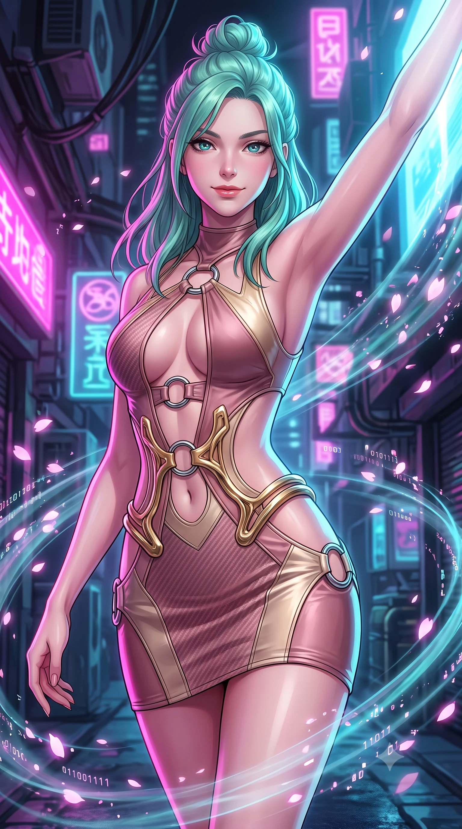score_9, masterpiece, best quality, ultra-detailed, high-budget anime keyframe, editorial fashion photography, tasteful artistic composition, Japanese woman. close-up cowboy shot from the waist and thighs up, the character dominates the composition, filling the frame with her large presence, background elements kept in soft focus. Extending one arm in an elegant stretch toward the light while smiling with magnetic self-assurance while forging forward through a cybernetic alleyway as holographic wind swirls around her, digital sakura petals flickering into binary code sparks as they float by. She has an exceptionally elegant, slender, and willowy female figure with an ultra-slim waist, a gracefully sculpted slender torso, and a refined silhouette. sharp v-shaped jawline, high-bridge nose, intricate jewel-like eyes with depth, thick eyelashes, glossy lips with a natural sheen, flawlessly proportioned anatomical accuracy, natural body alignment, perfectly sculpted elegant limbs, clean dynamic posture without body distortion. wearing a dramatic open-waist cutout mini dress framed by sculptural hardware in dusty rose and champagne gold, made of fine carbon-fiber weave and soft matte leather, accented with delicate chrome ring hardware framing her waist, the glove-like fit emphasizing her statuesque silhouette during motion. drenched in intense neon magenta and cyan rim light with dark urban contrast. highly saturated vibrant anime colors, detailed shading with soft gradients, rich glossy textures, high-contrast stereoscopic depth, volumetric dynamic lighting, master piece, 9:16 ratio