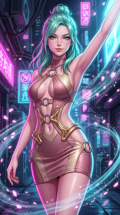 score_9, masterpiece, best quality, ultra-detailed, high-budget anime keyframe, editorial fashion photography, tasteful artistic composition, Japanese woman. close-up cowboy shot from the waist and thighs up, the character dominates the composition, 