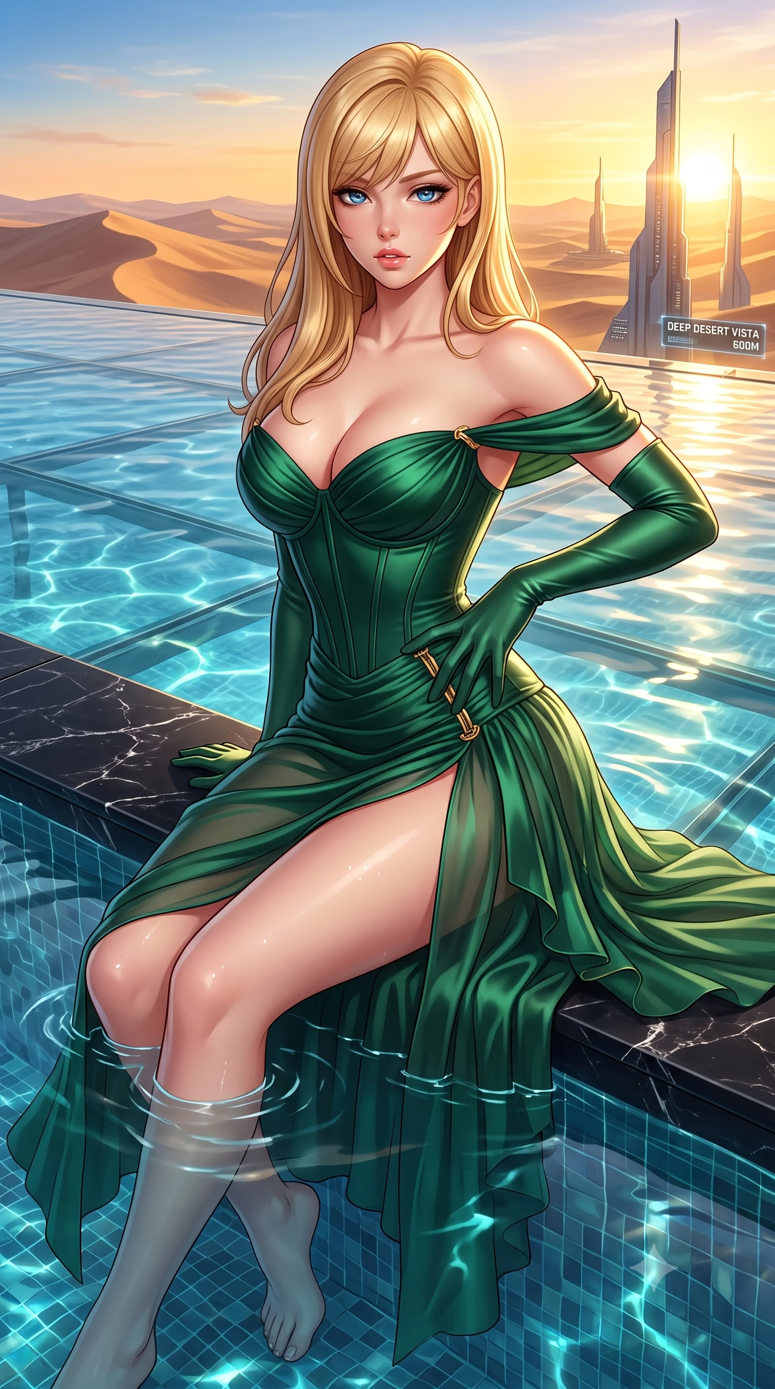 score_9, masterpiece, best quality, ultra-detailed, high-budget anime keyframe, semi-realistic 3D game render, editorial fashion photography, tasteful artistic composition, Caucasian woman. close-up cowboy shot from the waist and thighs up, the character dominates the composition, filling the frame with her large presence. resting one manicured hand delicately on her hip bone, her upper body turning in a fluid, seductive S-curve while parted lips glisten in the light while sitting on the black marble submerged ledge of the cantilevered glass pool 600 meters above the desert, water lapping at her hips as sunset bathes futuristic spires in gold. The surrounding environment is rendered in vivid detail and crisp panoramic clarity. sharp glass bottom floor seams, submerged mosaic tile caustics, and distant desert dune ridges in deep focus. She has an exceptionally elegant, slender, and willowy female figure with an ultra-slim waist, flat toned midriff, narrow ribcage, and sculpted feminine hips creating an alluring, slim hourglass silhouette without bulk. sharp v-shaped jawline, high-bridge nose, intricate jewel-like eyes with depth, thick eyelashes, glossy parted lips with a natural sheen, intensely captivating and seductive bedroom-eyes expression, flawlessly proportioned anatomical accuracy, strict slender model proportions, natural body alignment, perfectly sculpted long slender limbs, ultra-slim waistline, clean dynamic posture without body distortion. wearing an off-shoulder French court corset bodice dress paired with a tiered translucent chiffon slit skirt in deep emerald green satin and gold hardware, made of fluid silk crepe with delicate inner corsetry boning, accessorized with opera-length satin gloves and a vintage crystal glass, the liquid-tight tailored fabric clinging flawlessly to her narrow waist and rounded feminine hips, emphasizing every millimeter of her sculpted slim hourglass curves without any bulky heaviness. illuminated by intense specular pool water reflections sharply carving her razor-sharp jawline, narrow waist, and curvy hips. highly saturated vibrant anime colors, detailed shading with soft gradients, rich glossy textures, high-contrast stereoscopic depth, volumetric dynamic lighting, master piece, 9:16 ratio