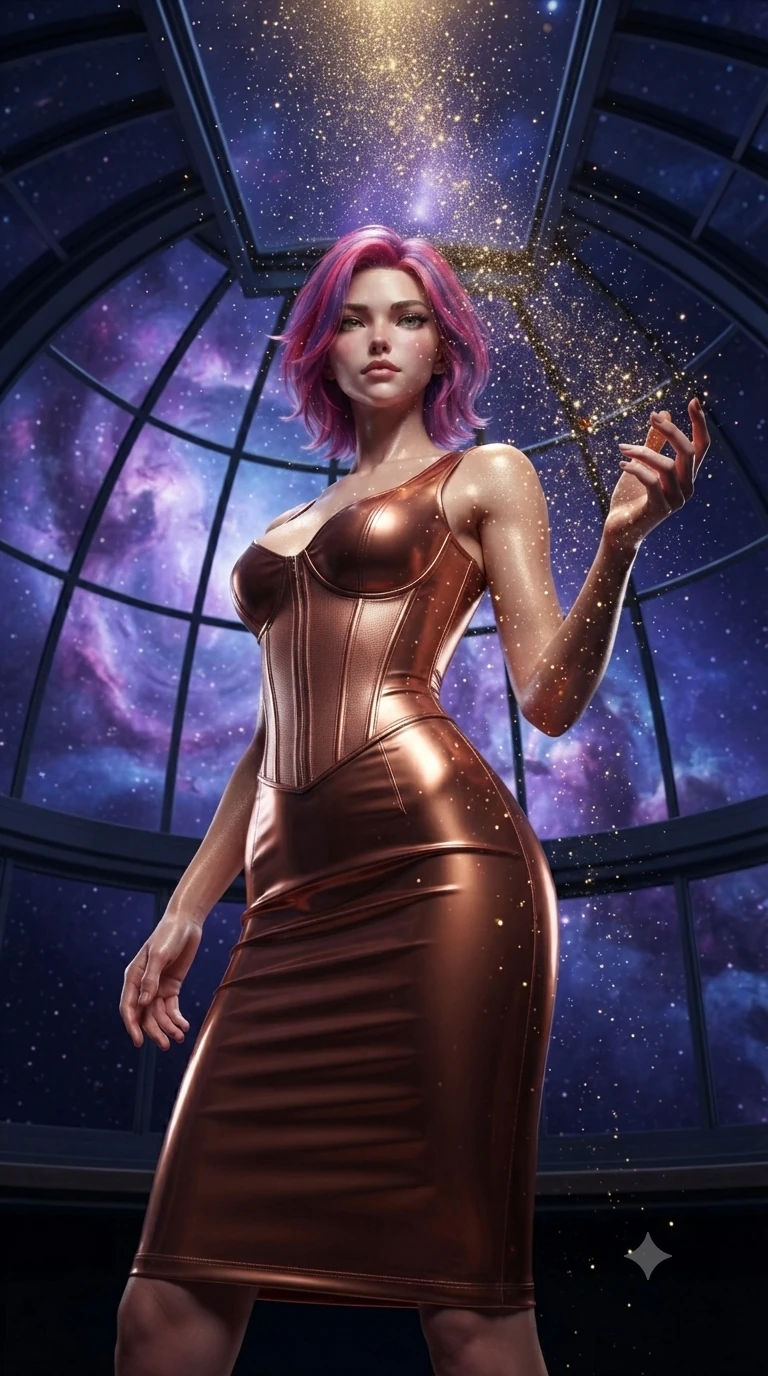 score_9, masterpiece, best quality, ultra-detailed, High-budget Anime Keyframe, editorial fashion photography, tasteful artistic composition, realistic cosplay photography, Caucasian woman, strictly human ears. Low angle cowboy shot filling the entire 9:16 frame with her statuesque presence. Scenario 485: showering under a cascade of glittering gold stardust inside a high-altitude observatory dome under a swirling violet nebula. Her presence is magnetic and overpowering in this high-budget cinematic scene. Outfit 485: a tailored metallic copper matte vinyl corset dress layered over a structured corset bodice. The clothing is designed to emphasize her exceptionally tall and slender 8-heads proportion. 8-heads proportion, towering silhouette, ultra-slim waist. sharp v-shaped jawline, intricate jewel-like eyes with depth, thick eyelashes, glossy lips. ultra-reflective glossy finish, specular highlights, metallic sheen, high-contrast stereoscopic depth, volumetric dynamic lighting, 2k, ultra detail, master piece, 9:16 ratio