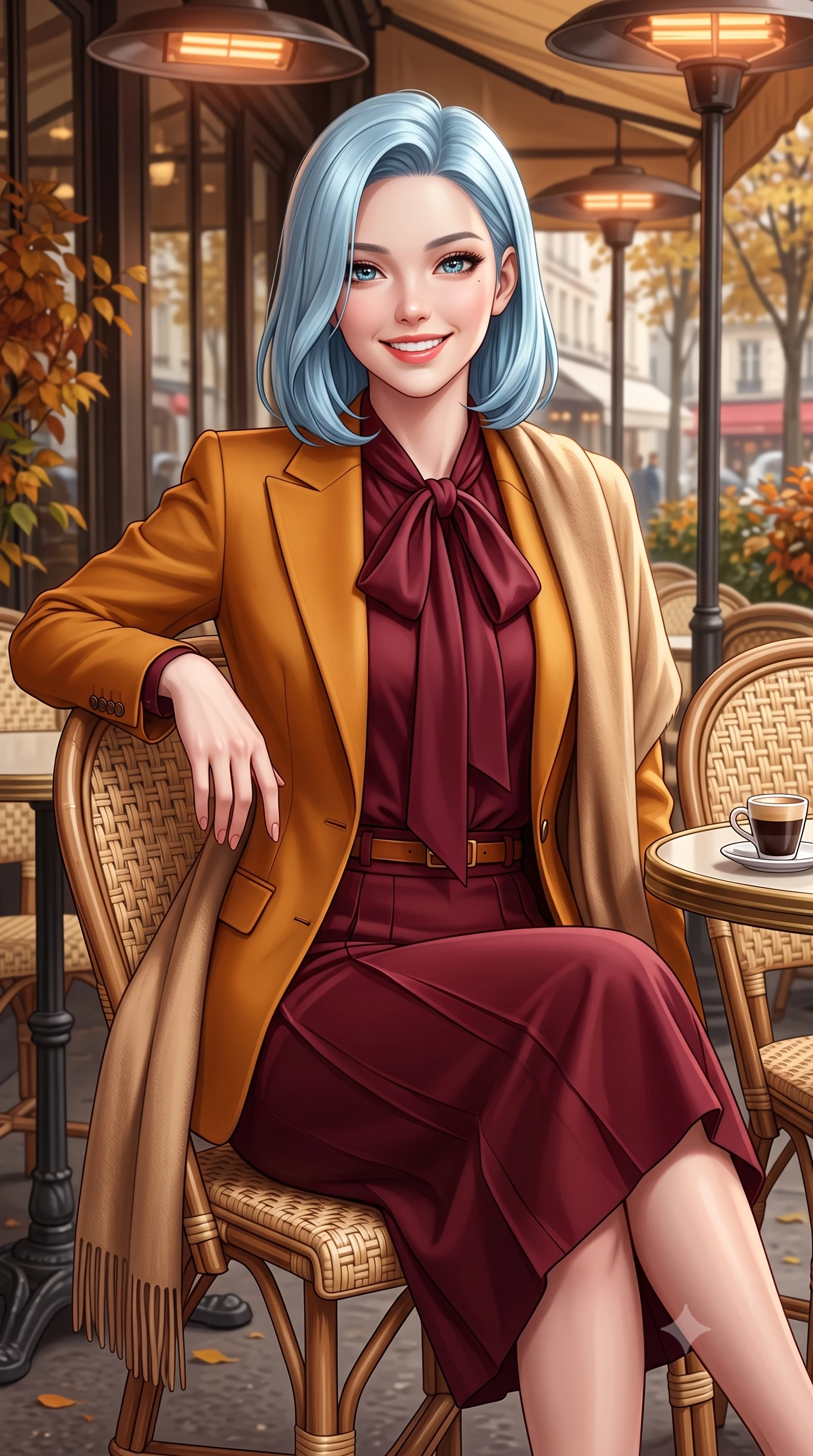 score_9, masterpiece, best quality, ultra-detailed, high-budget anime keyframe, semi-realistic 3D game render, editorial fashion photography, tasteful artistic composition, Korean woman. close-up cowboy shot from the waist and thighs up, the character dominates the composition, filling the frame with her large presence. resting one hand gracefully on her tailored blazer lapel while looking into the camera with bright, sparkling eyes while leaning back slightly against the wicker rattan café chair, ankles crossed, enjoying the crisp autumn air with effortless chic. The surrounding environment is rendered in vivid detail and crisp panoramic clarity: detailed silk pussy-bow blouse drape, tailored A-line wool skirt pleats, and authentic Parisian street furniture in high resolution. She has an exceptionally elegant, slender, and willowy female figure with an ultra-slim waist, flat toned midriff, narrow ribcage, and sculpted feminine hips creating an alluring, slim hourglass silhouette without bulk. sharp v-shaped jawline, high-bridge nose, intricate jewel-like sparkling eyes with depth, thick eyelashes, glossy parted lips with a natural peach sheen, bright cheerful beaming smile with an enchanting and coquettish sensual glint, exuding both youthful cute charm and seductive allure, flawlessly proportioned anatomical accuracy, strict slender model proportions, natural body alignment, perfectly sculpted long slender limbs, ultra-slim waistline, clean dynamic posture without body distortion. wearing a fluid silk crepe pussy-bow blouse paired with a high-waisted tailored pencil midi skirt and slim leather belt in rich Oxford burgundy and golden amber, tailored from fine wool gabardine with crisp permanent pleats and sharp drape, accented with a wide brushed cashmere fringe scarf draped elegantly over one shoulder, the sharp shoulder tailoring and gently nipped waist framing her slender torso with pristine sartorial perfection. bathed in soft overcast Parisian natural daylight warmed by glowing overhead outdoor patio heaters. highly saturated vibrant anime colors, detailed shading with soft gradients, rich glossy textures, high-contrast stereoscopic depth, volumetric dynamic lighting, master piece, 9:16 ratio