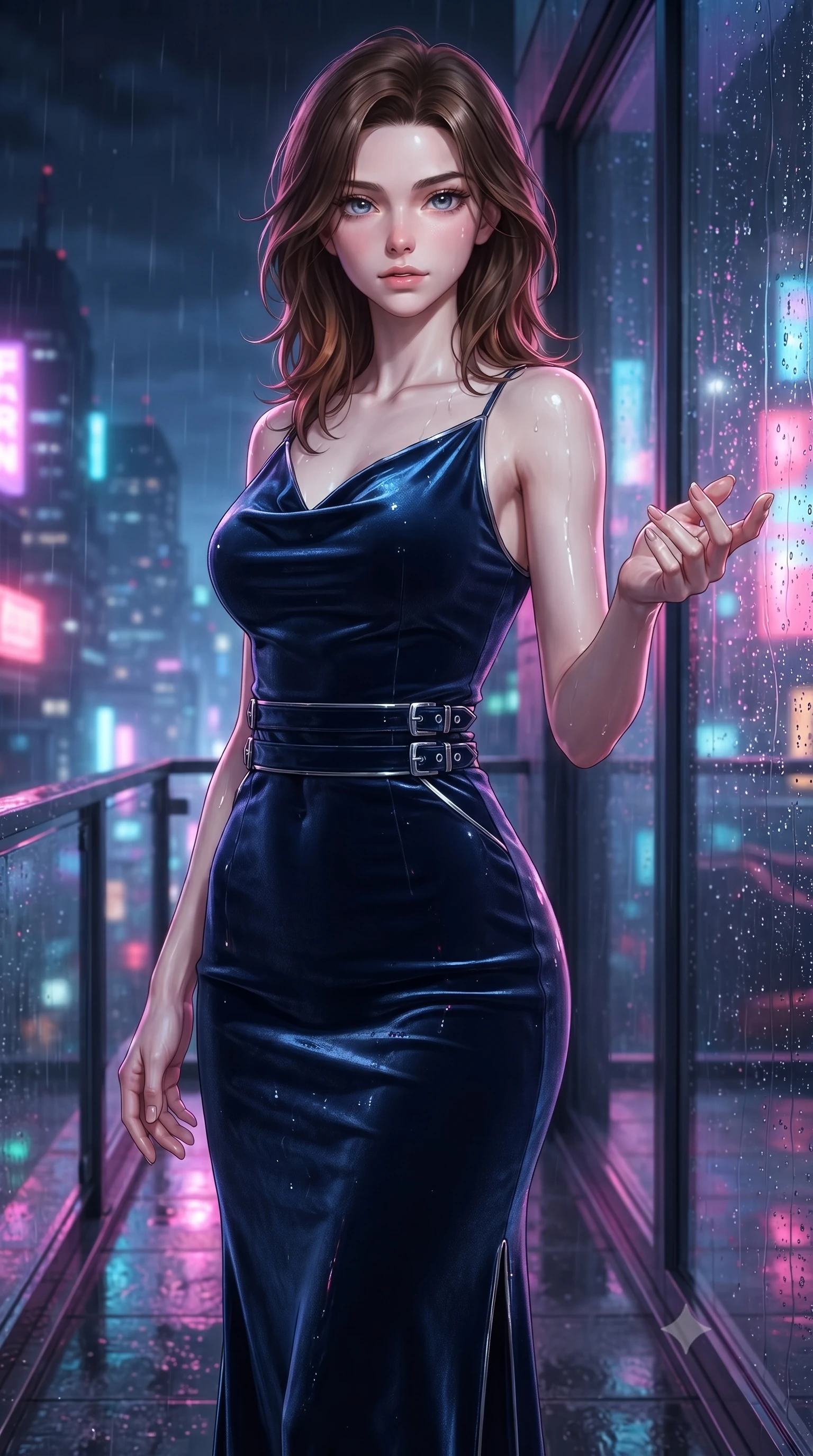 score_9, masterpiece, best quality, ultra-detailed, high-budget anime keyframe, editorial fashion photography, tasteful artistic composition, Korean woman. close-up cowboy shot from the waist and thighs up, the character dominates the composition, filling the frame with her large presence, background elements kept in soft focus. Reaching one hand gracefully toward the viewer with effortless superiority and allure poised on a rain-slicked balcony overlooking a glowing futuristic metropolis, rain droplets glistening on the glass window with colorful neon reflections. She has an exceptionally elegant, slender, and willowy female figure with an ultra-slim waist, a gracefully sculpted slender torso, and a refined silhouette. sharp v-shaped jawline, high-bridge nose, intricate jewel-like eyes with depth, thick eyelashes, glossy lips with a natural sheen. wearing an elegant cowl-neck satin midi dress with a draped neckline in midnight navy blue and chrome trim, made of premium stretch velvet with a rich sheen, detailed with polished silver buckles along the waistline, the glove-like fit emphasizing her statuesque silhouette. drenched in wet neon reflections with brilliant specular highlights on her silhouette. ultra-reflective glossy finish, specular highlights, metallic sheen, high-contrast stereoscopic depth, volumetric dynamic lighting, 2k, ultra detail, master piece, 9:16 ratio