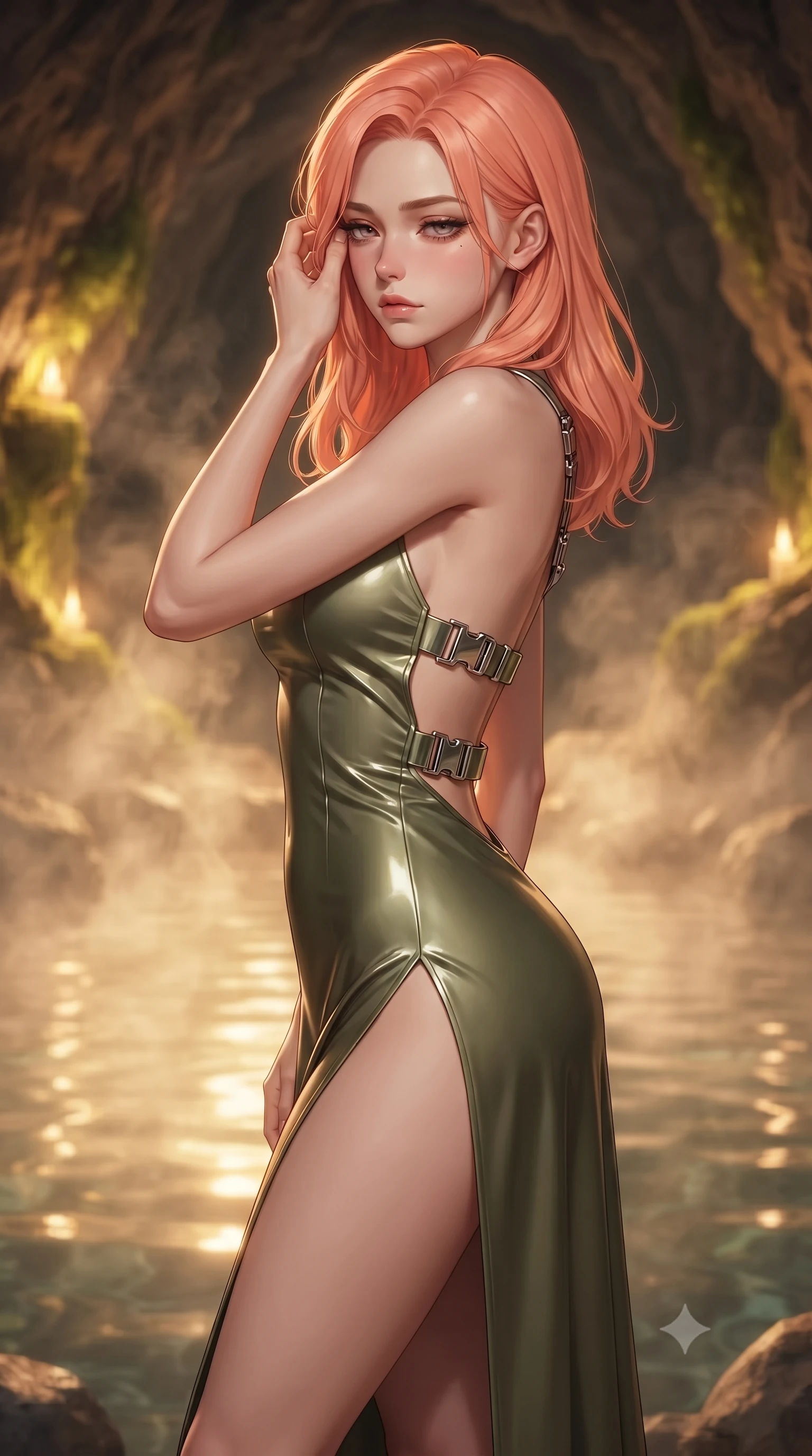 score_9, masterpiece, best quality, ultra-detailed, high-budget anime keyframe, editorial fashion photography, tasteful artistic composition, Japanese woman. close-up cowboy shot from the waist and thighs up, the character dominates the composition, filling the frame with her large presence, background elements kept in soft focus. gently touching the side of her temple, casting a heavy-lidded, sultry look past the camera, the background shows a soft-focus a desert oasis hot spring inside a cave with warm steaming water. She has an exceptionally elegant, slender, and willowy female figure with an ultra-slim waist, a gracefully sculpted slender torso, and a refined silhouette. sharp v-shaped jawline, high-bridge nose, intricate jewel-like eyes with depth, thick eyelashes, glossy lips with a natural sheen. wearing a form-contouring dramatic open-back maxi combat dress in olive green, featuring a high thigh slit and chrome straps. soft flickering light from glowing moss reflecting on the pool water. ultra-reflective glossy finish, specular highlights, metallic sheen, high-contrast stereoscopic depth, volumetric dynamic lighting, 2k, ultra detail, master piece, 9:16 ratio