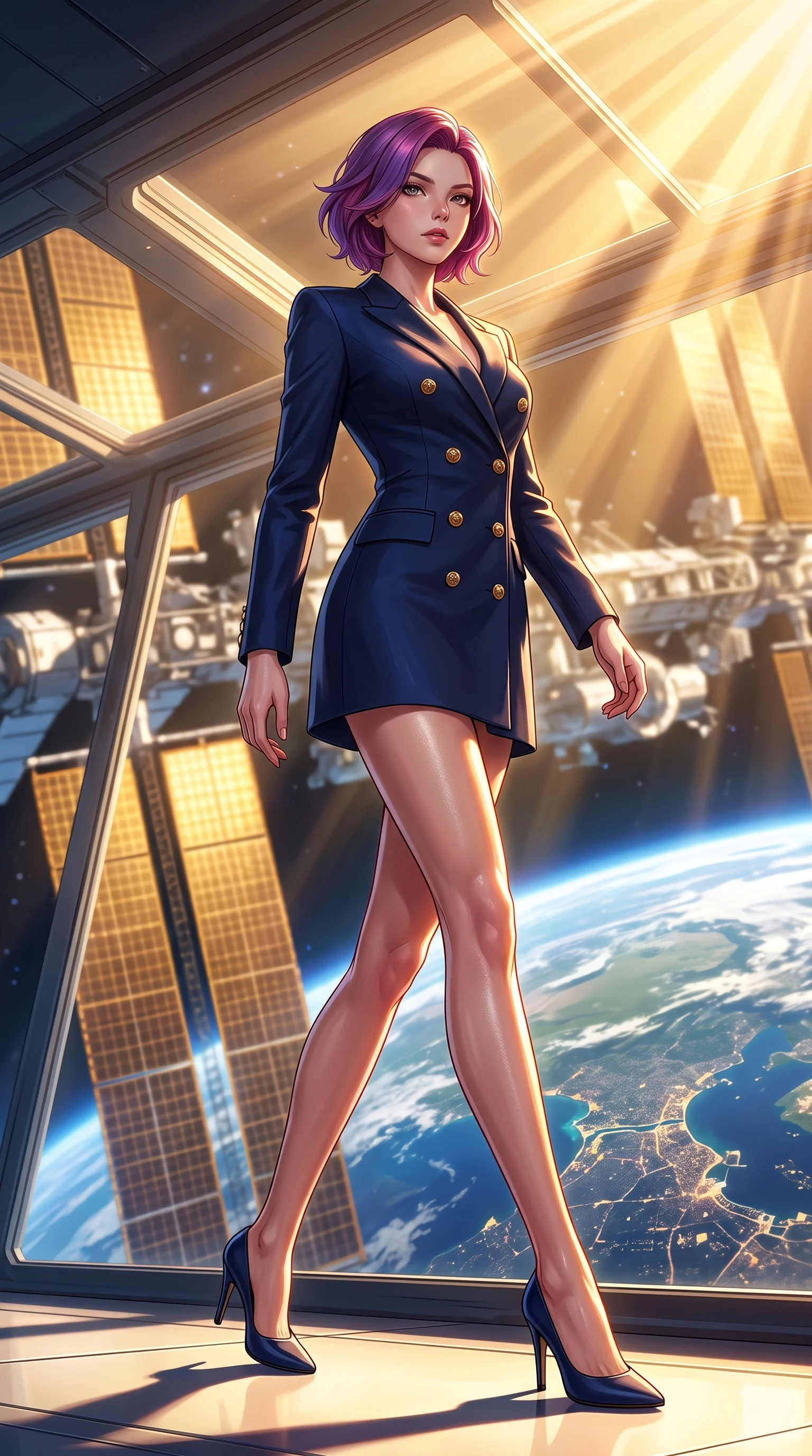 score_9, masterpiece, best quality, ultra-detailed, high-budget anime keyframe, editorial fashion photography, tasteful artistic composition, Caucasian woman woman. low angle full-body shot from head to toe showing her feet, filling the entire 9:16 vertical frame with her statuesque presence, stretching her vertical silhouette. She has an absolutely perfect, statuesque 8.5-heads proportion, an exceptionally tall and slender model-like female figure with impossibly long slender legs and an ultra-slim waist. stepping gracefully forward in a proud statuesque stride, her body turning in a fluid S-curve silhouette, flawlessly proportioned anatomical accuracy, natural body alignment, perfectly sculpted elegant limbs, clean dynamic posture without body distortion. set against a soft-focus background of an orbital solarium deck with giant gold solar panels overlooking Earth. wearing a sophisticated navy double-breasted blazer dress with gold button accents. bathed in intense golden hour solar light slicing through glass ceiling panels. highly saturated vibrant anime colors, detailed shading with soft gradients, rich glossy textures, high-contrast stereoscopic depth, volumetric dynamic lighting, master piece, 9:16 ratio