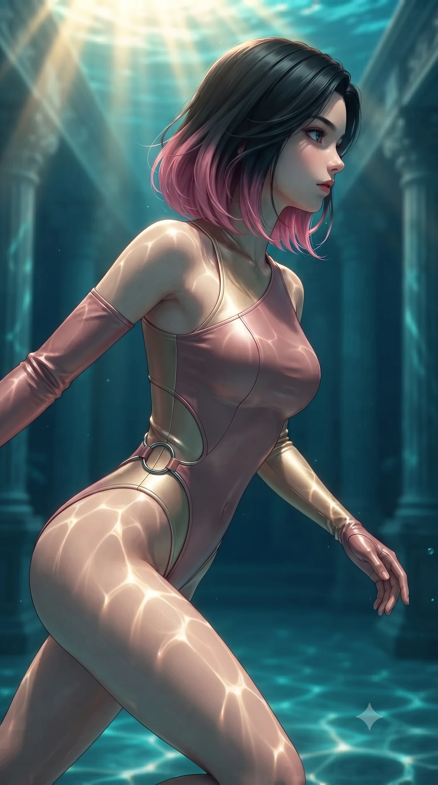 score_9, masterpiece, best quality, ultra-detailed, high-budget anime keyframe, editorial fashion photography, tasteful artistic composition, Korean woman. close-up cowboy shot from the waist and thighs up, the character dominates the composition, filling the frame with her large presence, background elements kept in soft focus. Turning her face in sharp profile while her upper body leans forward with poised athletic grace while gliding dynamically through a sunken colonnade as ocean currents swirl her flowing gown, intense golden underwater sunbeams Penetrating deep turquoise water in caustic ripples. She has an exceptionally elegant, slender, and willowy female figure with an ultra-slim waist, a gracefully sculpted slender torso, and a refined silhouette. sharp v-shaped jawline, high-bridge nose, intricate jewel-like eyes with depth, thick eyelashes, glossy lips with a natural sheen, flawlessly proportioned anatomical accuracy, natural body alignment, perfectly sculpted elegant limbs, clean dynamic posture without body distortion. wearing an asymmetrical high-cut tech-bodysuit with detached sleeves in dusty rose and champagne gold, formed from sleek second-skin neoprene, accented with delicate chrome ring hardware framing her waist, the glove-like fit emphasizing her statuesque silhouette during motion. surrounded by a shimmering ocean aura with bright pearl-white specular rim lights. ultra-reflective glossy finish, specular highlights, metallic sheen, high-contrast stereoscopic depth, volumetric dynamic lighting, 2k, ultra detail, master piece, 9:16 ratio