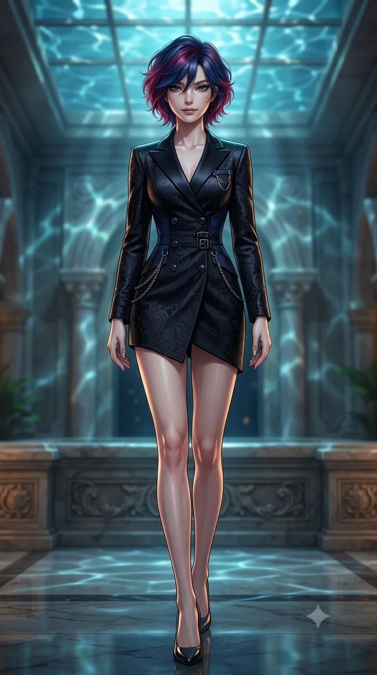 score_9, masterpiece, best quality, ultra-detailed, high-budget anime keyframe, semi-realistic 3D game render, editorial fashion photography, tasteful artistic composition, Korean woman. low angle full-body shot from head to toe showing her feet, filling the entire 9:16 vertical frame with her statuesque presence, stretching her vertical silhouette. navigating the midnight sanctuary with an effortless, graceful stride, hips swaying in an alluring sensual rhythm while twisting her slender torso in an alluring contrapposto stance, shimmering water refractions from the ceiling pool dancing across her flat midriff and hips. The background shows a soft-focus subterranean palace atrium softened in aquatic architecture shallow focus. She has an absolutely perfect, statuesque 8.5-heads proportion, an exceptionally tall and slender model-like female figure with impossibly long slender legs, an ultra-slim waist, a flat toned midriff, narrow delicate ribcage, and beautifully sculpted feminine hips creating a graceful, slim hourglass silhouette without any bulky heaviness. sharp v-shaped jawline, high-bridge nose, intricate jewel-like dark sparkling eyes with hypnotic seductive depth, thick curled eyelashes, glossy parted lips with a natural wine sheen, alluring bedroom-eyes with an enigmatic smoldering smile, exuding magnetic sovereign charisma and dark avant-garde glamour, flawlessly proportioned anatomical accuracy, strict slender model proportions, natural body alignment, perfectly sculpted long slender limbs, ultra-slim waistline, clean dynamic posture without body distortion. wearing a tailored onyx black tux dress with silk lapels and fitted waist in midnight navy blue and smoky pitch black, tailored from rich silk jacquard with subtle embossed baroque patterns, framed by dark titanium buckles and silver chain details, accentuating her gracefully sculpted slender torso and statuesque proportions. illuminated by polished floor bounce and sharp cyan-amber rim lights defining her razor-sharp jawline, narrow waist, and curvy hips. highly saturated vibrant anime colors, detailed shading with soft gradients, rich glossy textures, high-contrast stereoscopic depth, volumetric dynamic lighting, master piece, 9:16 ratio