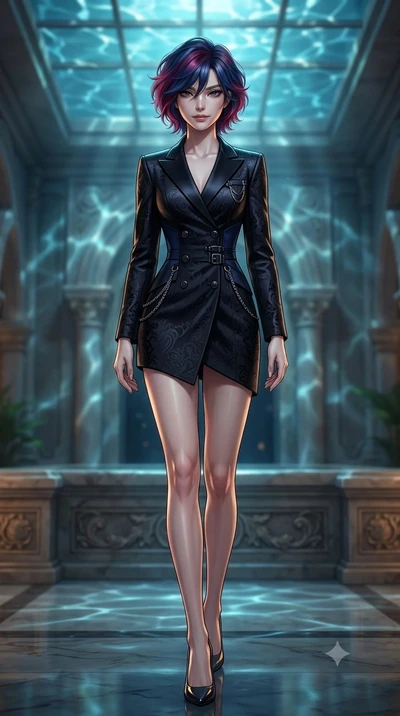 score_9, masterpiece, best quality, ultra-detailed, high-budget anime keyframe, semi-realistic 3D game render, editorial fashion photography, tasteful artistic composition, Korean woman. low angle full-body shot from head to toe showing her feet, fil