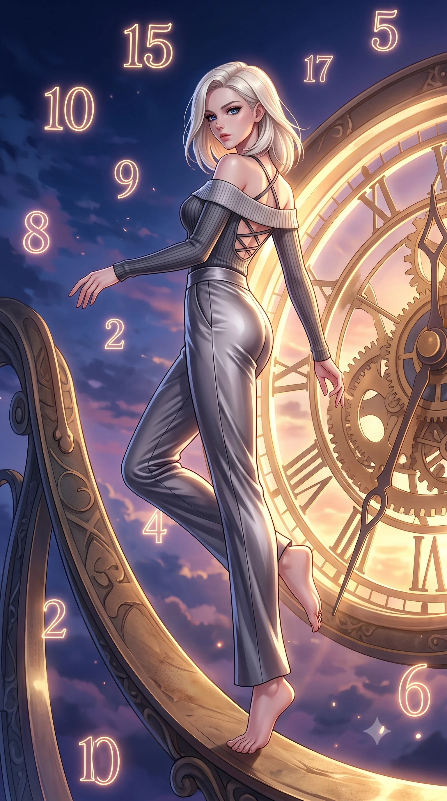 score_9, masterpiece, best quality, ultra-detailed, high-budget anime keyframe, editorial fashion photography, tasteful artistic composition, Caucasian woman. low angle full-body shot from head to toe showing her feet, filling the entire 9:16 vertical frame with her statuesque presence, stretching her vertical silhouette. performing an athletic mid-air rotation with flawless poise, her vertical silhouette beautifully stretched while stepping along a curved clockwork pendulum arm under a dramatic twilight sky, glowing neon clock numbers floating in mid-air with vintage elegancy. She has an absolutely perfect, statuesque 8.5-heads proportion, an exceptionally tall and slender model-like female figure with impossibly long slender legs and an ultra-slim waist. sharp v-shaped jawline, high-bridge nose, intricate jewel-like eyes with depth, thick eyelashes, glossy lips with a natural sheen, flawlessly proportioned anatomical accuracy, natural body alignment, perfectly sculpted elegant limbs, clean dynamic posture without body distortion. wearing a sleek off-shoulder ribbed knit top paired with high-waist tailored pants in charcoal grey and platinum, crafted from lustrous satin jersey with fluid draping, complemented by criss-cross back straps highlighting her bare shoulders, the elegant draped fit framing her graceful clavicle and slender torso. illuminated by a brilliant golden hour glow filtering through clockwork dials. highly saturated vibrant anime colors, detailed shading with soft gradients, rich glossy textures, high-contrast stereoscopic depth, volumetric dynamic lighting, master piece, 9:16 ratio