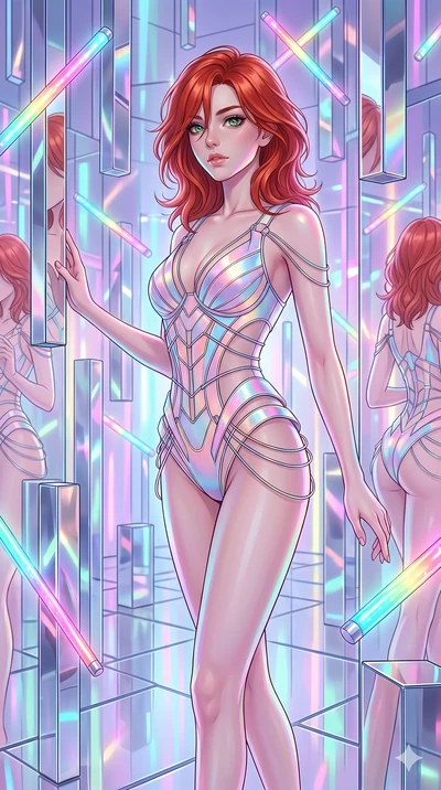 score_9, masterpiece, best quality, ultra-detailed, high-budget anime keyframe, Caucasian woman, strictly human ears. upper body close-up from the thighs up, character filling the screen for maximum presence. navigating a kinetic light-sculpture mirr