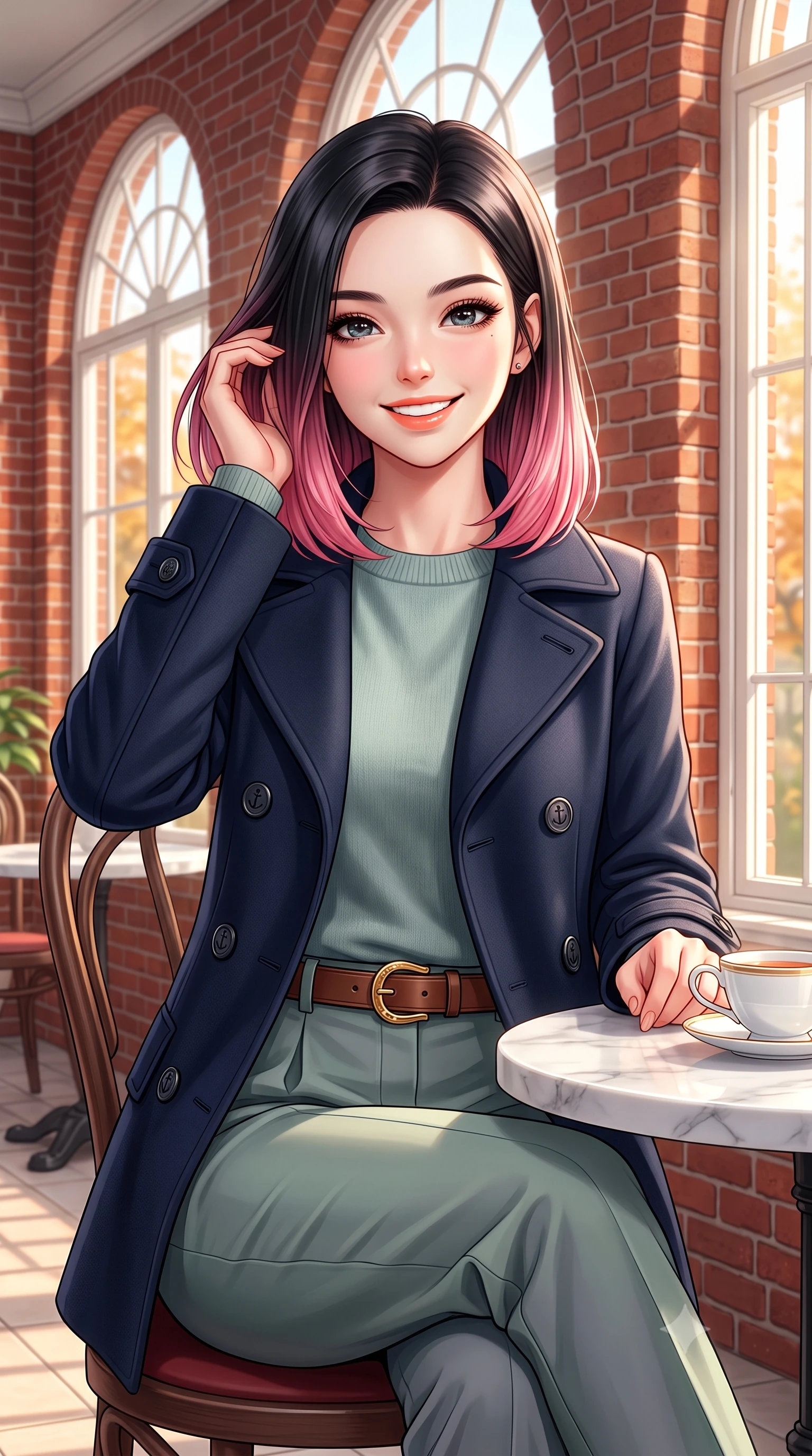 score_9, masterpiece, best quality, ultra-detailed, high-budget anime keyframe, semi-realistic 3D game render, editorial fashion photography, tasteful artistic composition, Korean woman. close-up cowboy shot from the waist and thighs up, the character dominates the composition, filling the frame with her large presence. gently brushing a lock of hair behind her ear with one hand while flashing a radiant, joyful smile while sitting poised at a white marble conservatory tea table with hands resting gently on a porcelain cup, exuding high-society grace. The surrounding environment is rendered in vivid detail and crisp panoramic clarity: sharp red-brick masonry relief, delicate white painted window mullions, and fine porcelain teacup glaze in deep focus. She has an exceptionally elegant, slender, and willowy female figure with an ultra-slim waist, flat toned midriff, narrow ribcage, and sculpted feminine hips creating an alluring, slim hourglass silhouette without bulk. sharp v-shaped jawline, high-bridge nose, intricate jewel-like sparkling eyes with depth, thick eyelashes, glossy parted lips with a natural peach sheen, bright cheerful beaming smile with an enchanting and coquettish sensual glint, exuding both youthful cute charm and seductive allure, flawlessly proportioned anatomical accuracy, strict slender model proportions, natural body alignment, perfectly sculpted long slender limbs, ultra-slim waistline, clean dynamic posture without body distortion. wearing a navy tailored wool peacoat with anchor buttons layered over a soft merino wool sweater and pressed pleated slacks in misty Arashiyama bamboo green and slate grey, crafted from rich cotton velvet with deep light-absorbing pile and soft gradients, finished with a smooth equestrian bridle-leather belt with a polished brass horseshoe buckle, the streamlined silhouette following her natural slender proportions with sophisticated poise, enhancing her tall willowy presence. bathed in warm 3200K autumn sunlight streaming through floor-to-ceiling arched south-facing conservatory windows. highly saturated vibrant anime colors, detailed shading with soft gradients, rich glossy textures, high-contrast stereoscopic depth, volumetric dynamic lighting, master piece, 9:16 ratio