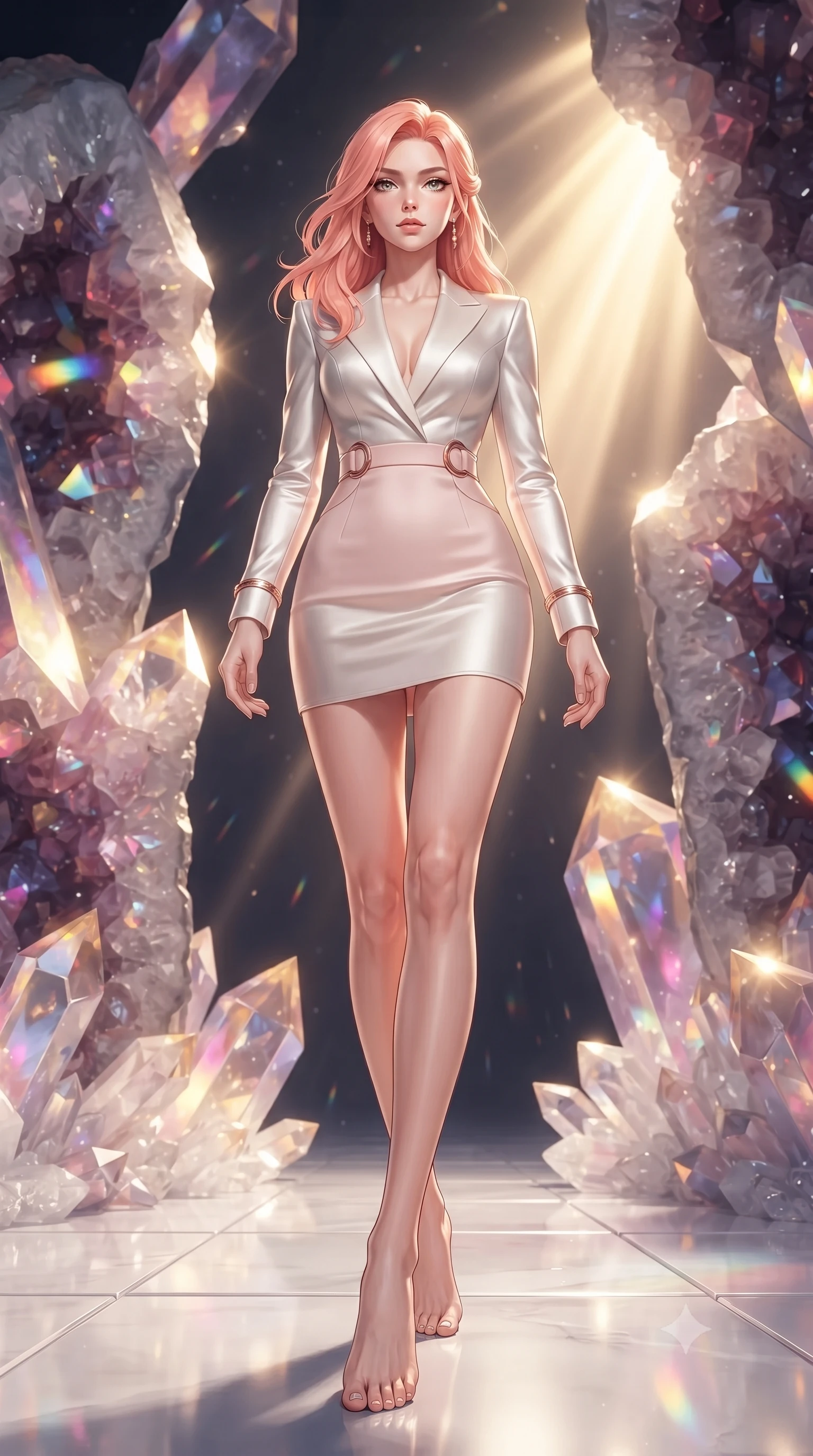 score_9, masterpiece, best quality, ultra-detailed, high-budget anime keyframe, editorial fashion photography, tasteful artistic composition, Japanese woman. low angle full-body shot from head to toe showing her feet, filling the entire 9:16 vertical frame with her statuesque presence, stretching her vertical silhouette. navigating the celestial sanctuary with an effortless, graceful stride, poised on a polished white crystal floor surrounded by giant raw geode walls, raw geode crystal facets scattering rose, violet, and gold specular rays. She has an absolutely perfect, statuesque 8.5-heads proportion, an exceptionally tall and slender model-like female figure with impossibly long slender legs and an ultra-slim waist. sharp v-shaped jawline, high-bridge nose, intricate jewel-like eyes with depth, thick eyelashes, glossy lips with a natural sheen. wearing tailored ivory tux dress with satin lapels and fitted waist in soft blush pink, made of liquid mercury jersey, trimmed with rose-gold ring hardware along the waist contours, accentuating her gracefully sculpted slender torso. lit by intense golden key rays contrasting against deep crystal shadows. ultra-reflective glossy finish, specular highlights, metallic sheen, high-contrast stereoscopic depth, volumetric dynamic lighting, 2k, ultra detail, master piece, 9:16 ratio
